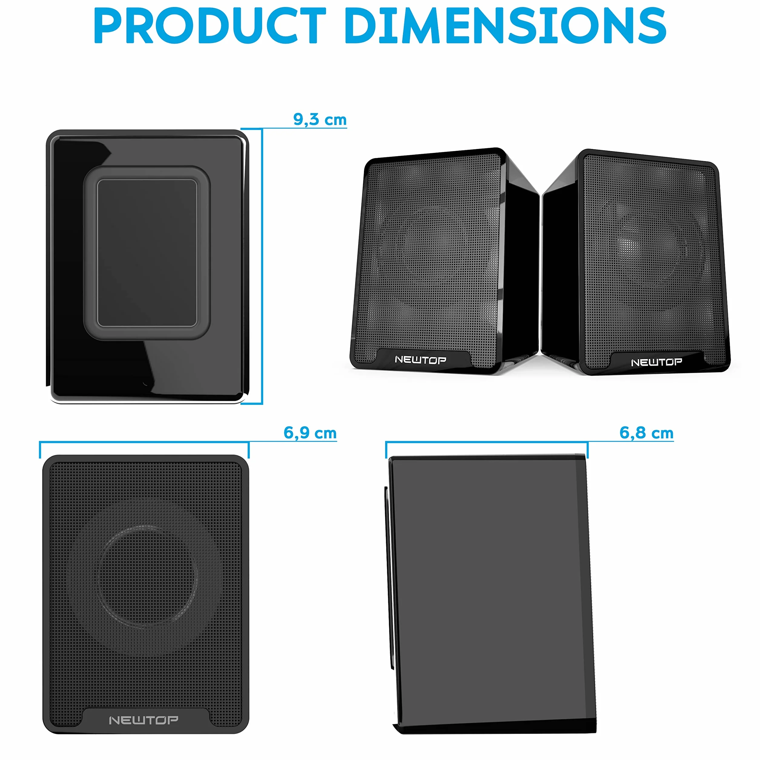 N NEWTOP Mini Casse PCS01 Stereo 2.0 Speaker Set Altoparlanti Alimentazione USB Ingresso Connettore Audio Jack 3.5mm Portatile Suono 360° per PC Fisso Desktop Laptop Notebook TV (Nere)