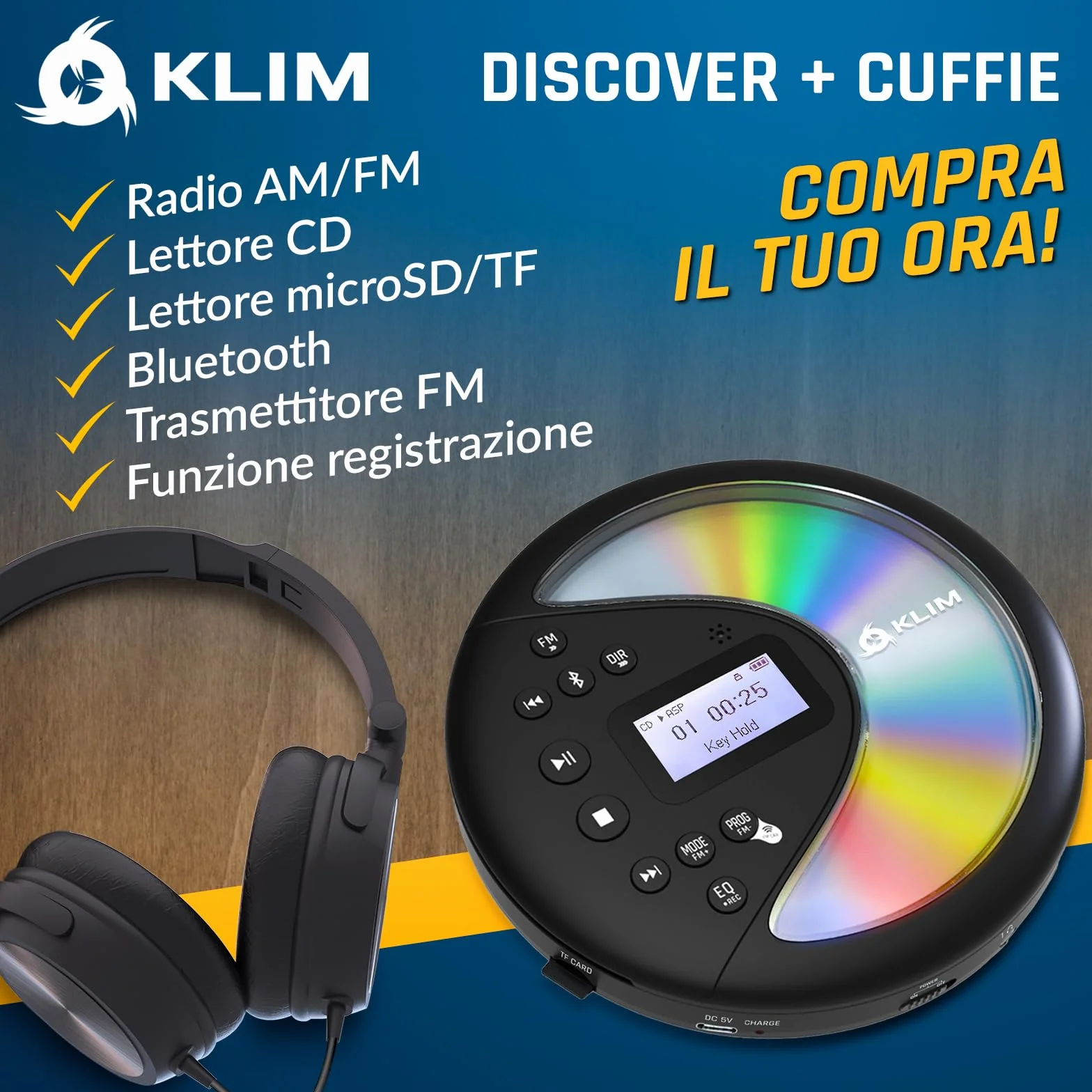KLIM Discover con le Cuffie + Lettore CD HiFi portatile + NUOVO + Radio FM + Compatibile con MP3 CD Audiolibri + Lettore CD per auto + Supporta Bluetooth per Auto, scheda SD, Trasmettitore FM