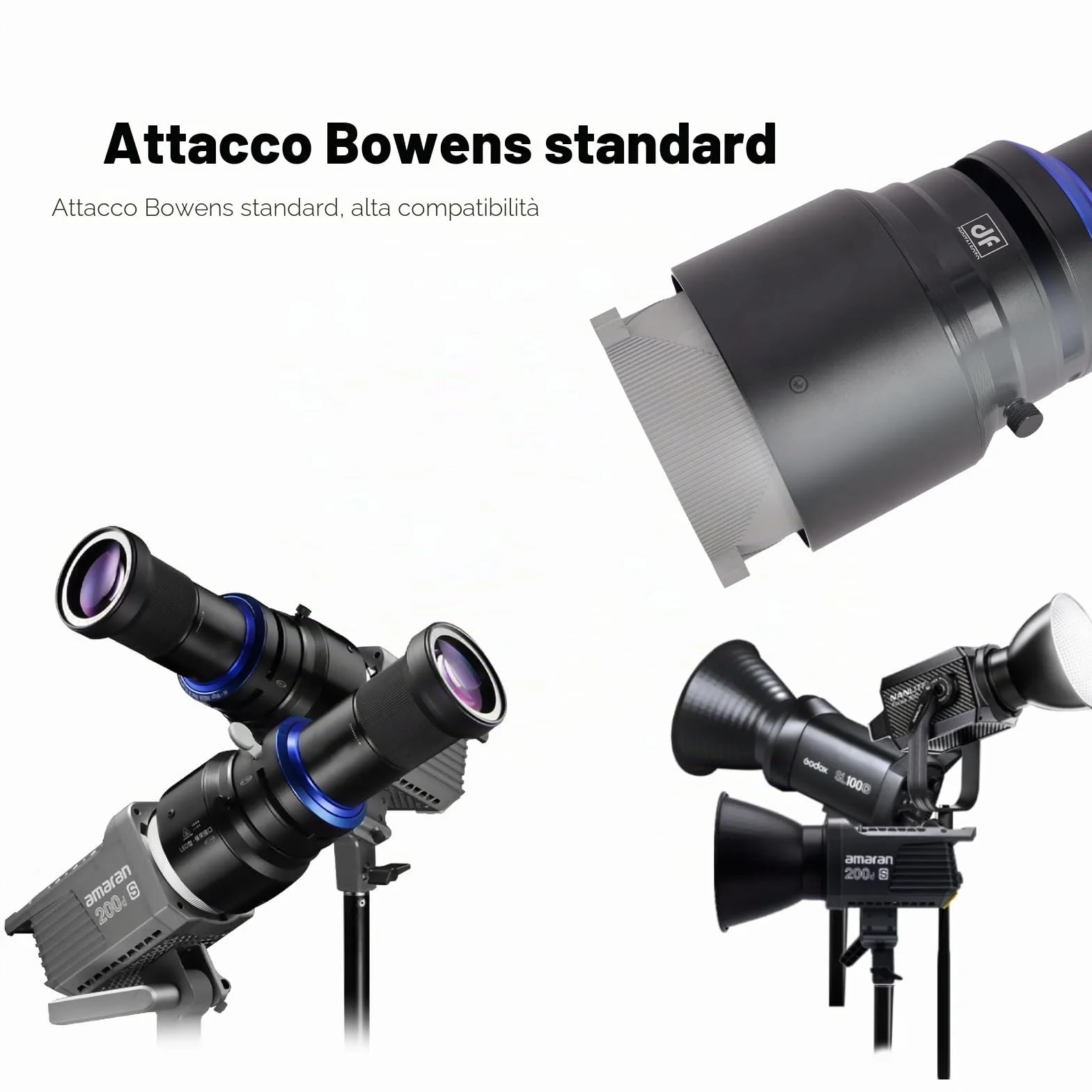 Proiettore Gobo con Snoot Spotlight con Attacco Bowens - Compatibile con Aputure Amaran 60d, Amaran 100X/D 200D/X, 150c/300c, 600x Pro, Storm 400x, Godox SL60, ecc. 5 Filtri Colorati, 30 Gobo