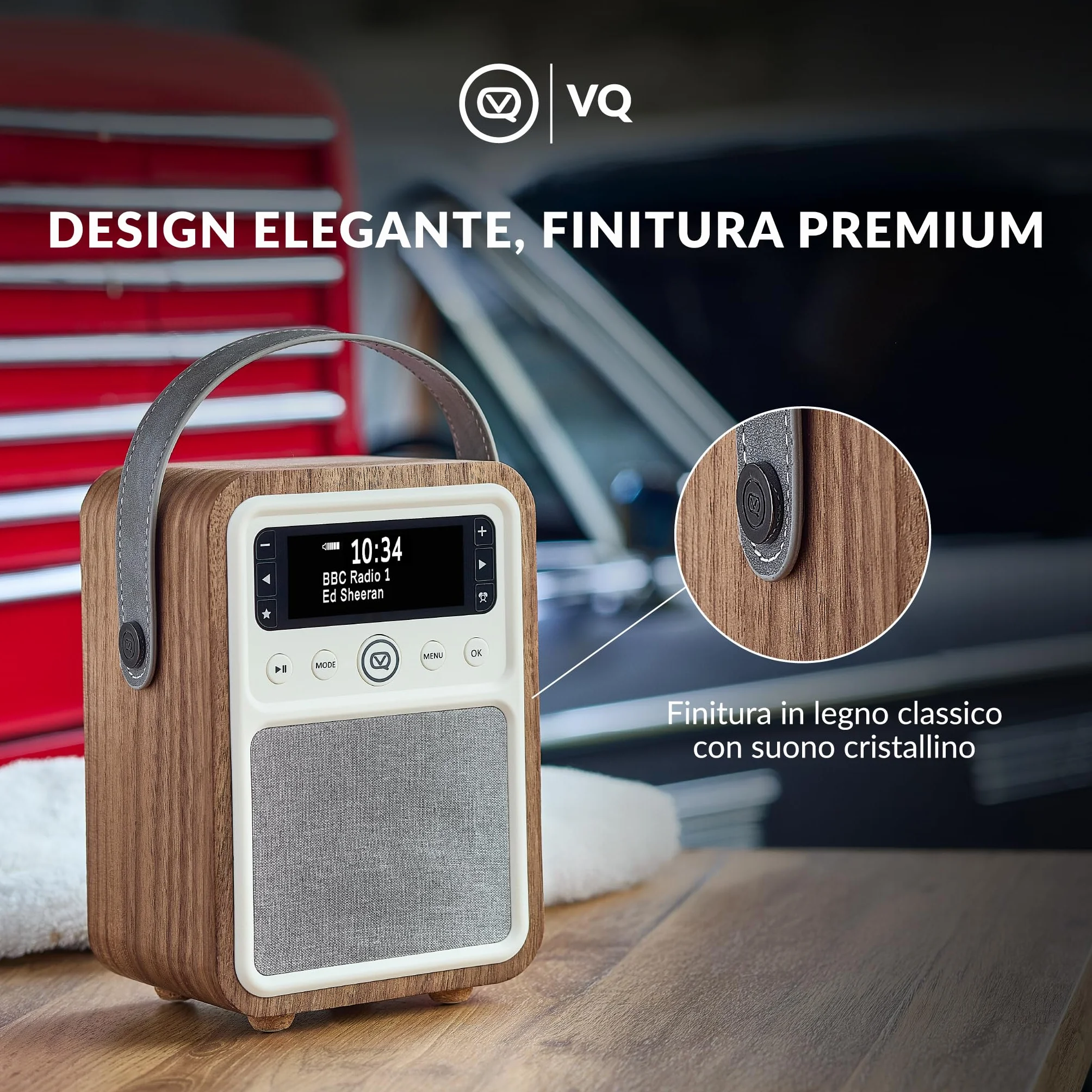 VQ Monty Radio DAB Plus/DAB con Cassa Bluetooth, FM e Radio Sveglia Funzione - Alimentata da Rete e Batteria Radio Portatile Vintage con Antenna, Presa Cuffie e Porta USB - Noce