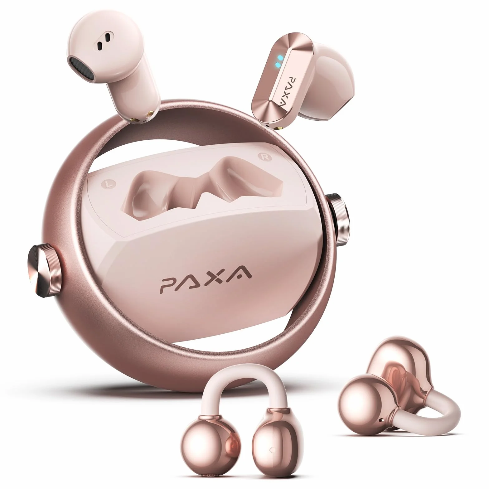 PAXA 2-in-1 Open Ear Cuffie Bluetooth, Clip Open-Ear Cuffie Wireless Sport Bluetooth 6.0 0 Ritardo, 140H Autonomia, Riconoscimento L/R, Riduzione Rumore per Lavoro/Sport/Quotidiano, Ctbuds Rosa Oro