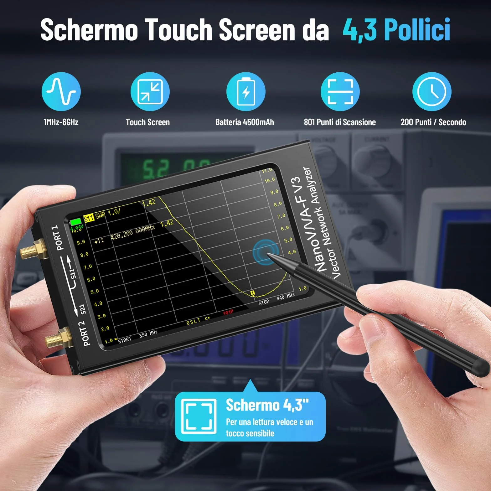 Seesii NanoVNA-F V3 Analizzatore di Antenne, 4,3 Pollici Analizzatore di Rete Vettoriale 1MHz-6GHz HF VHF UHF per Tensione dei Parametri S, SWR, Fase, Ritardo, Diagramma di Smith