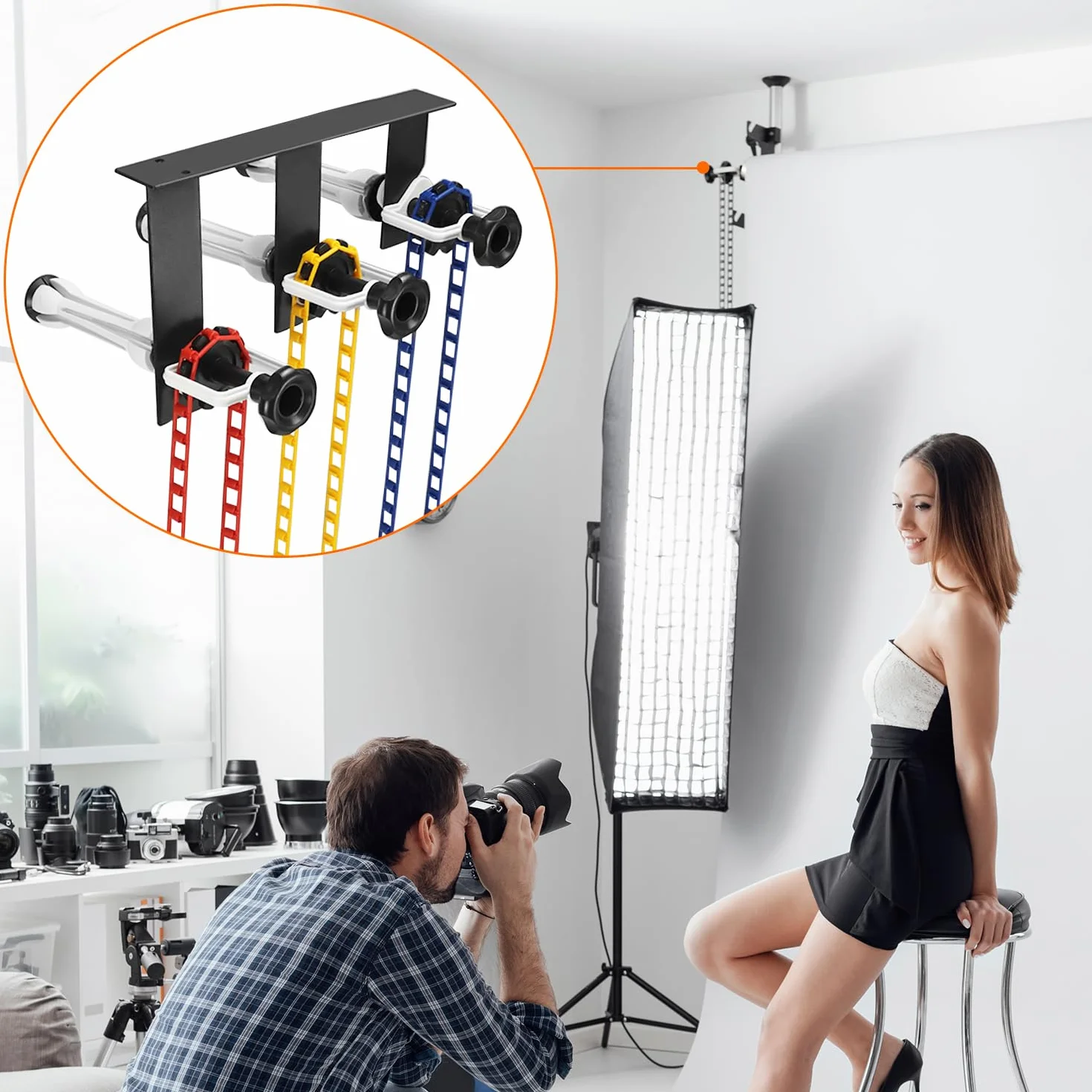 QWORK® Supporto per appendere fondali fotografici per 3 rotoli - montaggio a parete/soffitto - adatto per rotoli con diametro interno di 50/60 mm - carico sicuro di 10 kg per rotolo