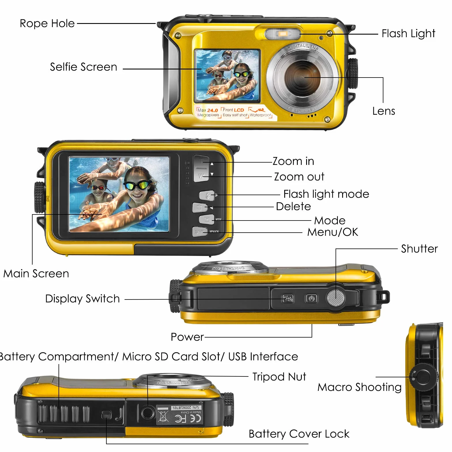 Aomdom Macchina Fotografica Subacquea, Full HD 2.7K 24MP Fotocamera Subacquea Digitale Zoom Digitale 16X Macchina Fotografica Subacquea Bambini Doppio Schermo giallo