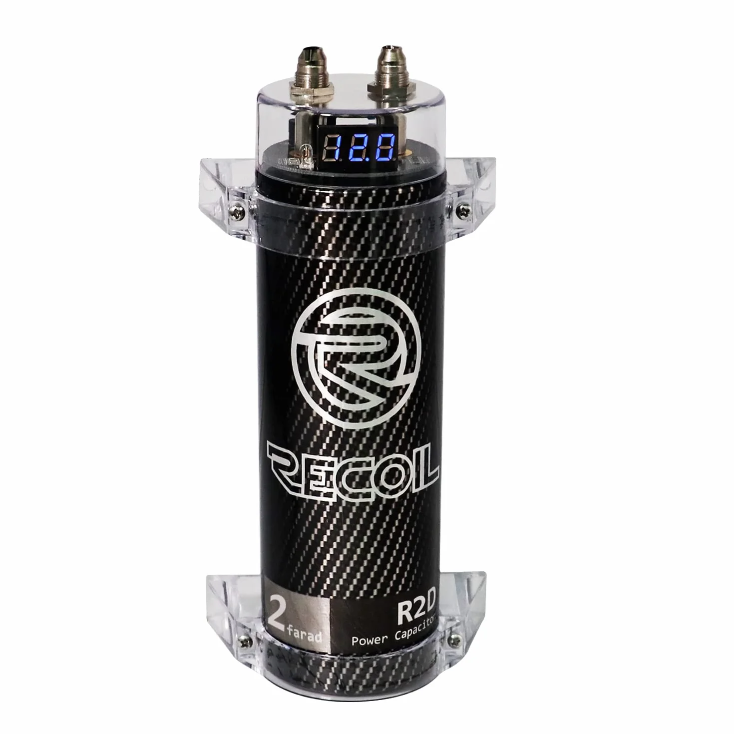 RECOIL R2D Condensatore per Amplificatore Audio 2.0 Farad, Voltmetro Digitale Blu, Accumulo Energia per Sistemi fino a 1200W