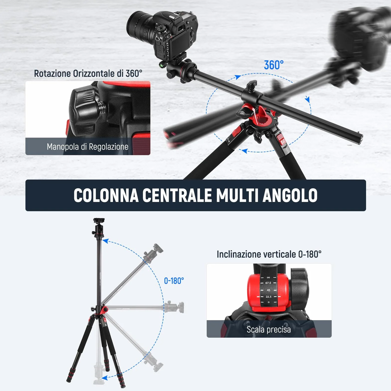 NEEWER 184cm Treppiede Monopiede per Fotocamera con Colonna Centrale e Testa a Sfera in Alluminio, Piastra QR Tipo Arca, Borsa, Treppiede Braccio Orizzontale per Fotocamera DSLR, Videocamera, Max 33lb