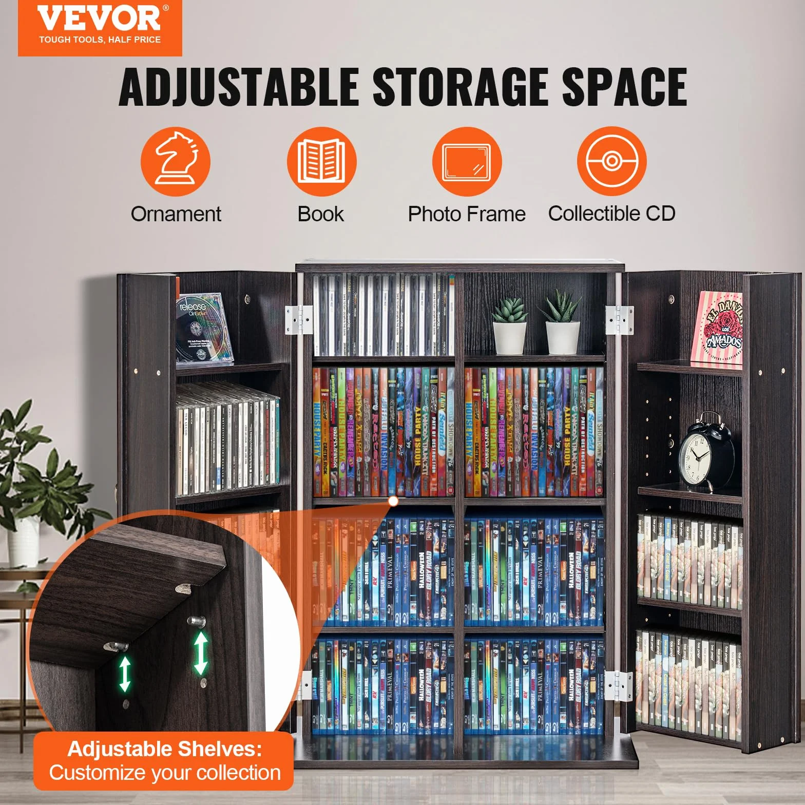 VEVOR Armadietto Portaoggetti Multimediale,Contenere Fino a 576 CD, Mobiletto DVD con Ante e Ripiani,Fipiani Regolabili Protegge Organizza Collezioni di Musica, Film,Videogiochi Cimeli, Espresso