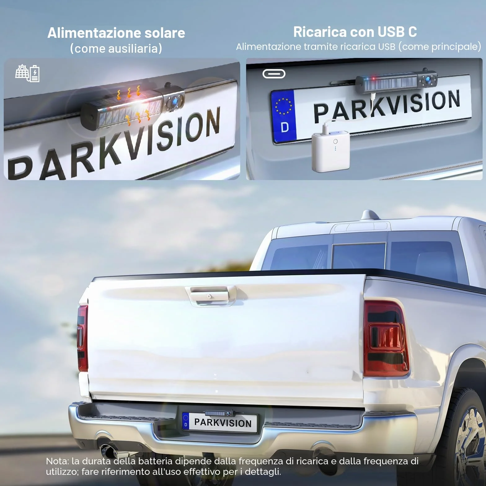 PARKVISION Telecamera di Retromarcia Wireless con Monitor 5" e Pannello Solare - Kit Senza Fili, Batteria Integrata 5000mAh, per Camper, Roulotte, Furgoni, Auto