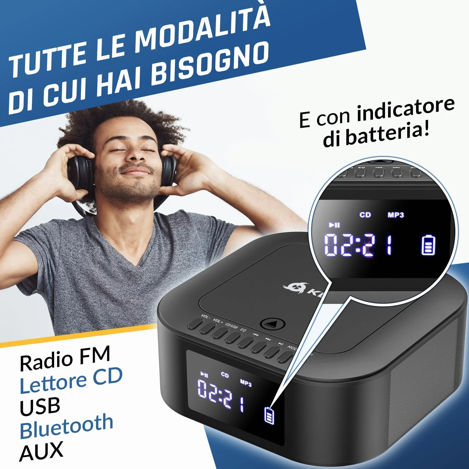 KLIM Lettore CD Stereo Boombox E1 - BASS Boost con Subwoofer - FM Radio con Lettore CD e USB, Bluetooth, AUX - Stereo casa - Filo o Wireless - Batteria ricaricabile, Telecomando - Custodie Disc