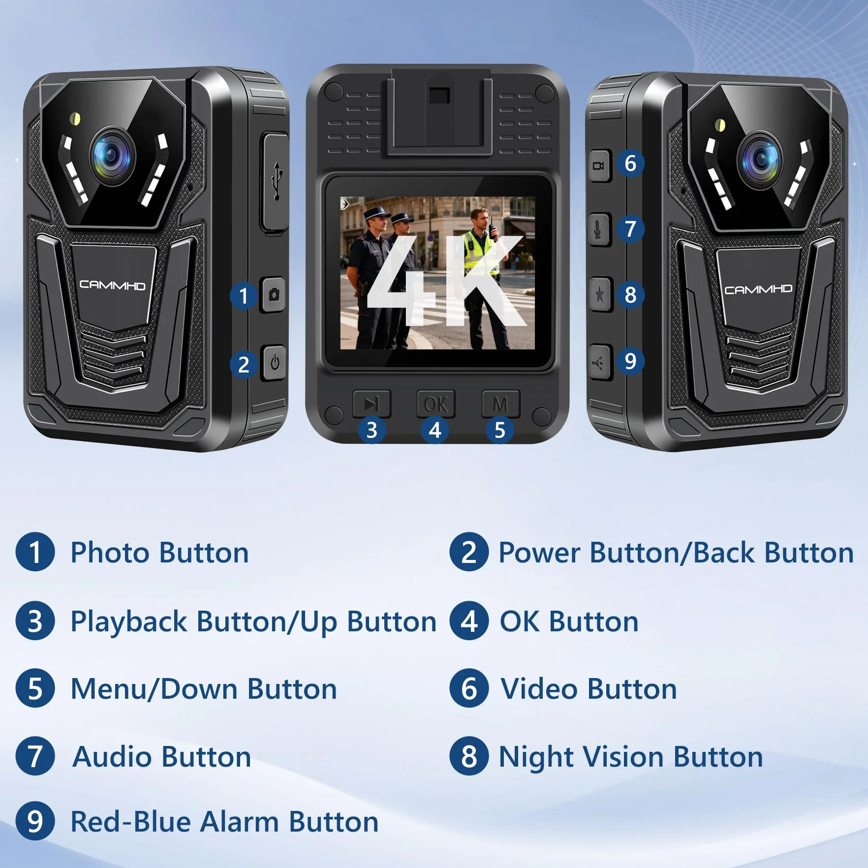 CAMMHD F6 4K Bodycam 32G 2160P Videocamera per Forze dell'Ordine Visione Notturna Autonomia 12-14 Ore Adatta per Polizia Personale di Sicurezza Lavoratori Edili e Uso Personale