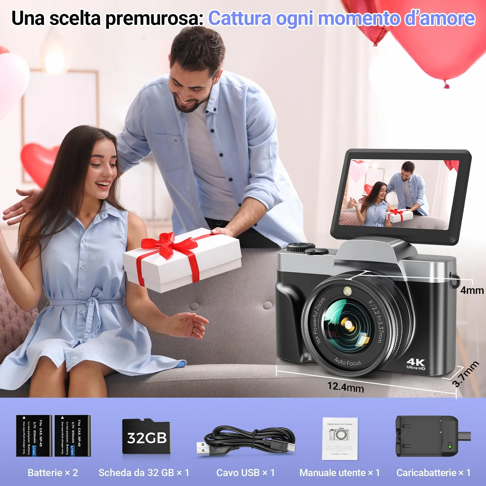 Fotocamera Digitale WiFi 4K 64MP Macchina Fotografica Digitale Compatta con Schermo Ribaltabile 3” 180°, Autofocus, Zoom Digitale 16X, Flash, 2 Batterie e Scheda 32GB per Vlogging e Fotografia