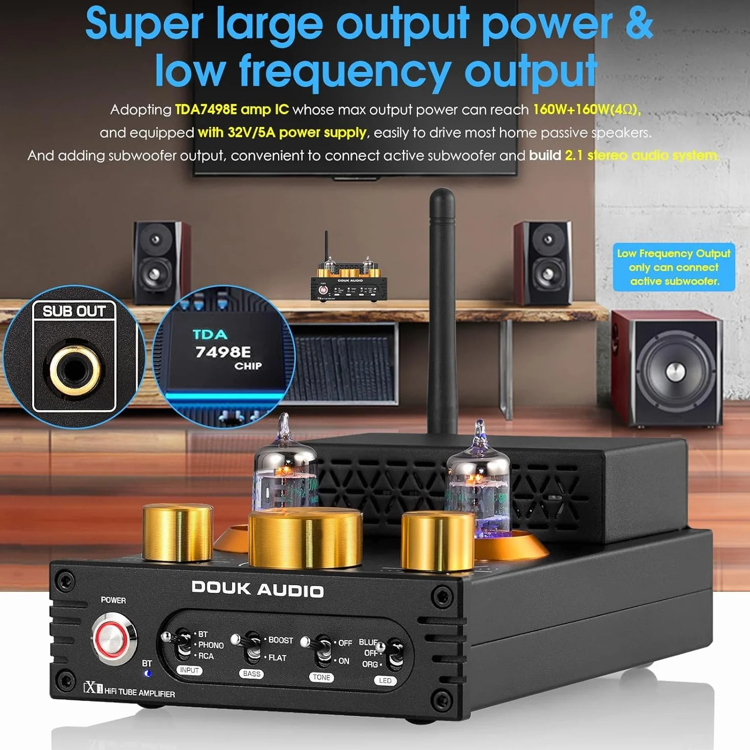 Douk Audio X1 amplificatore a valvole, amplificatore HiFi Bluetooth 5.0, amplificatore audio stereo a valvole GE5654, amplificatore phono MM, 160Wx2 chip TDA7498E, manopola di controllo acuti e bassi