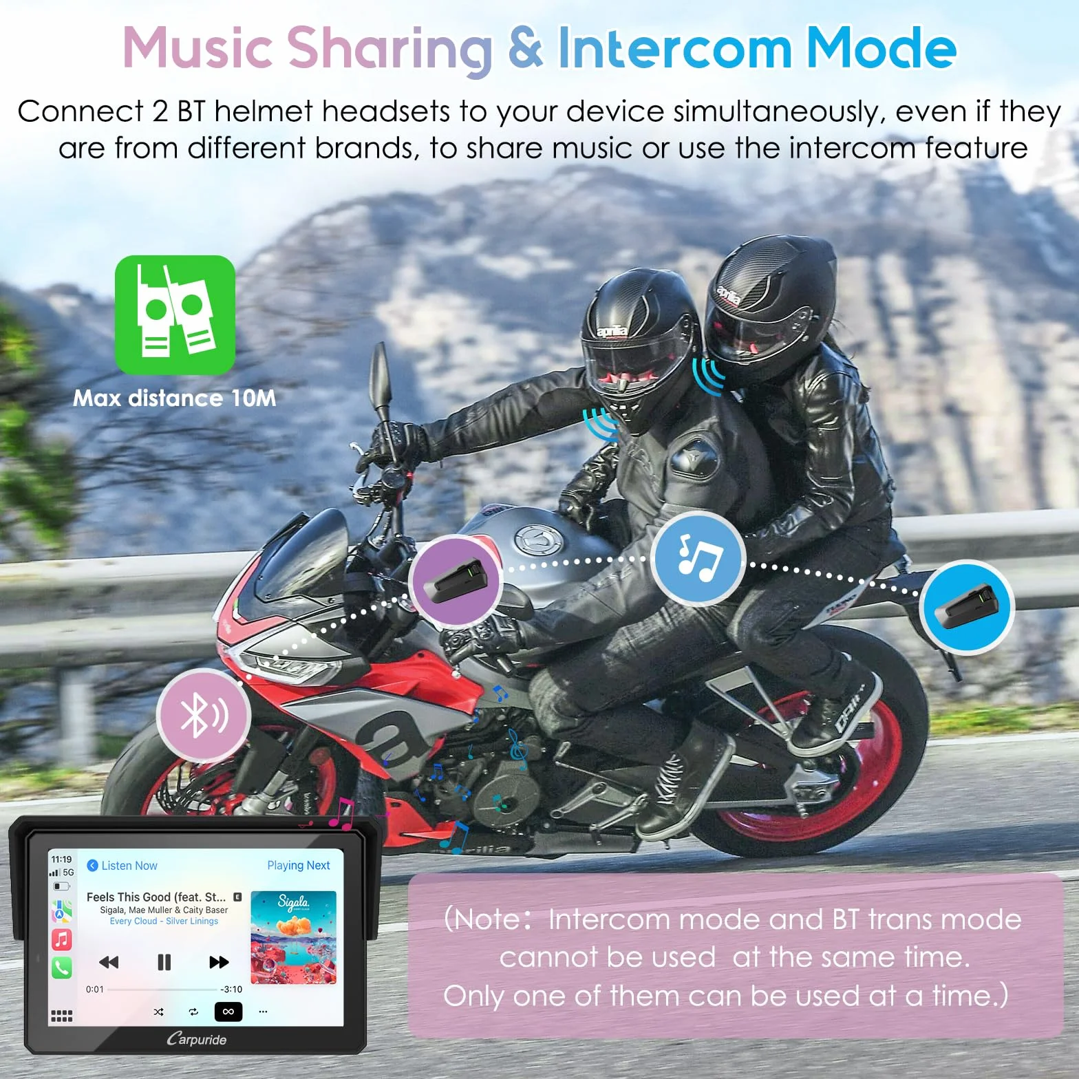 Carpuride W502PRO per CarPlay per Moto e Android Auto e Doppio Bluetooth - Navigazione GPS Impermeabile da 5 pollici per Moto, Condivisione di Musica, Interfono, EQ, Sensore di Luce, Bussola, Barometr
