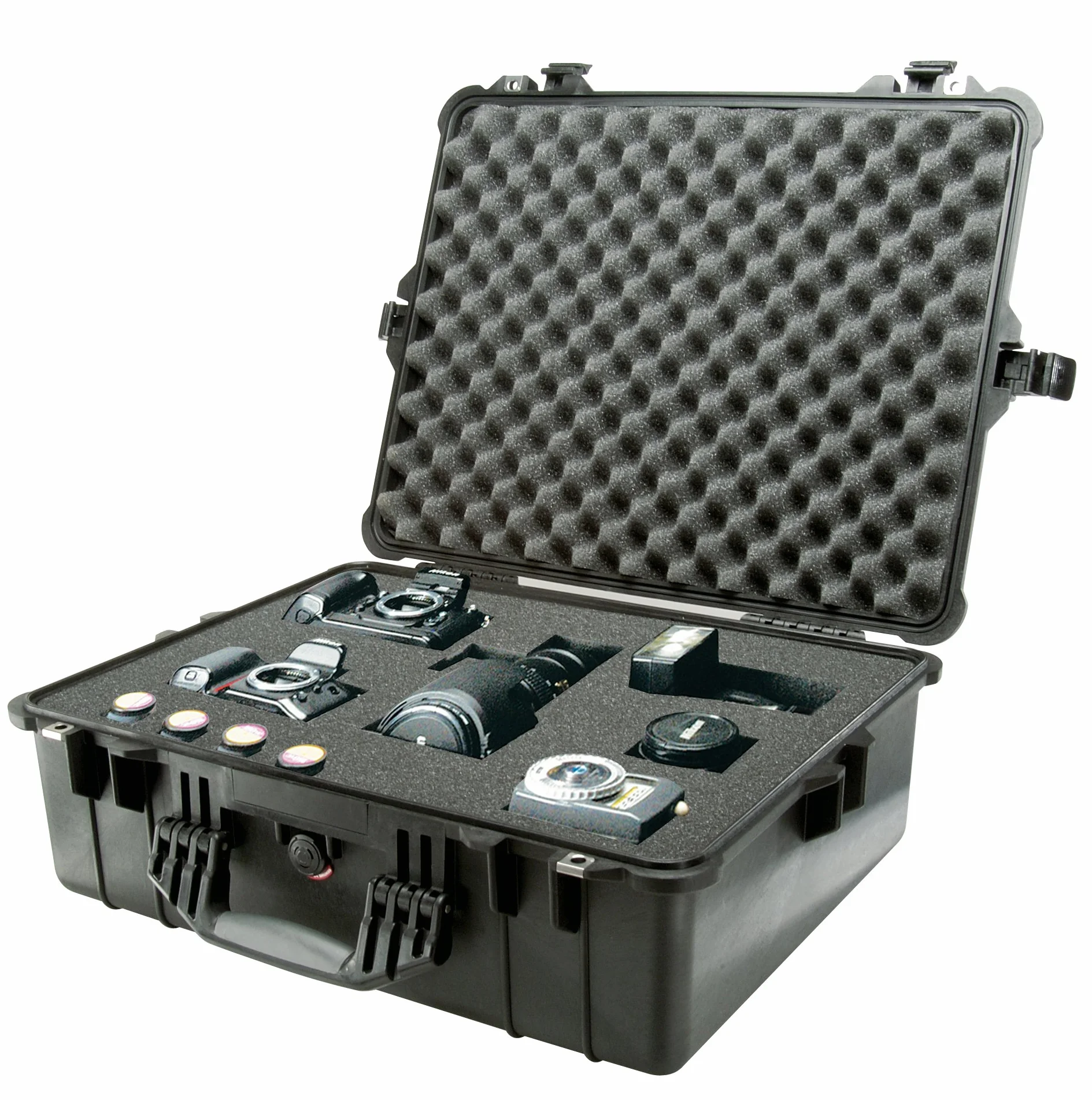 PELI 1600 Contenitore resistente ad alto impatto, IP67 Impermeabile e a prova di polvere, Capacità di 46L, Prodotto in Germania, Con inserto in schiuma personalizzabile, Colore Nero
