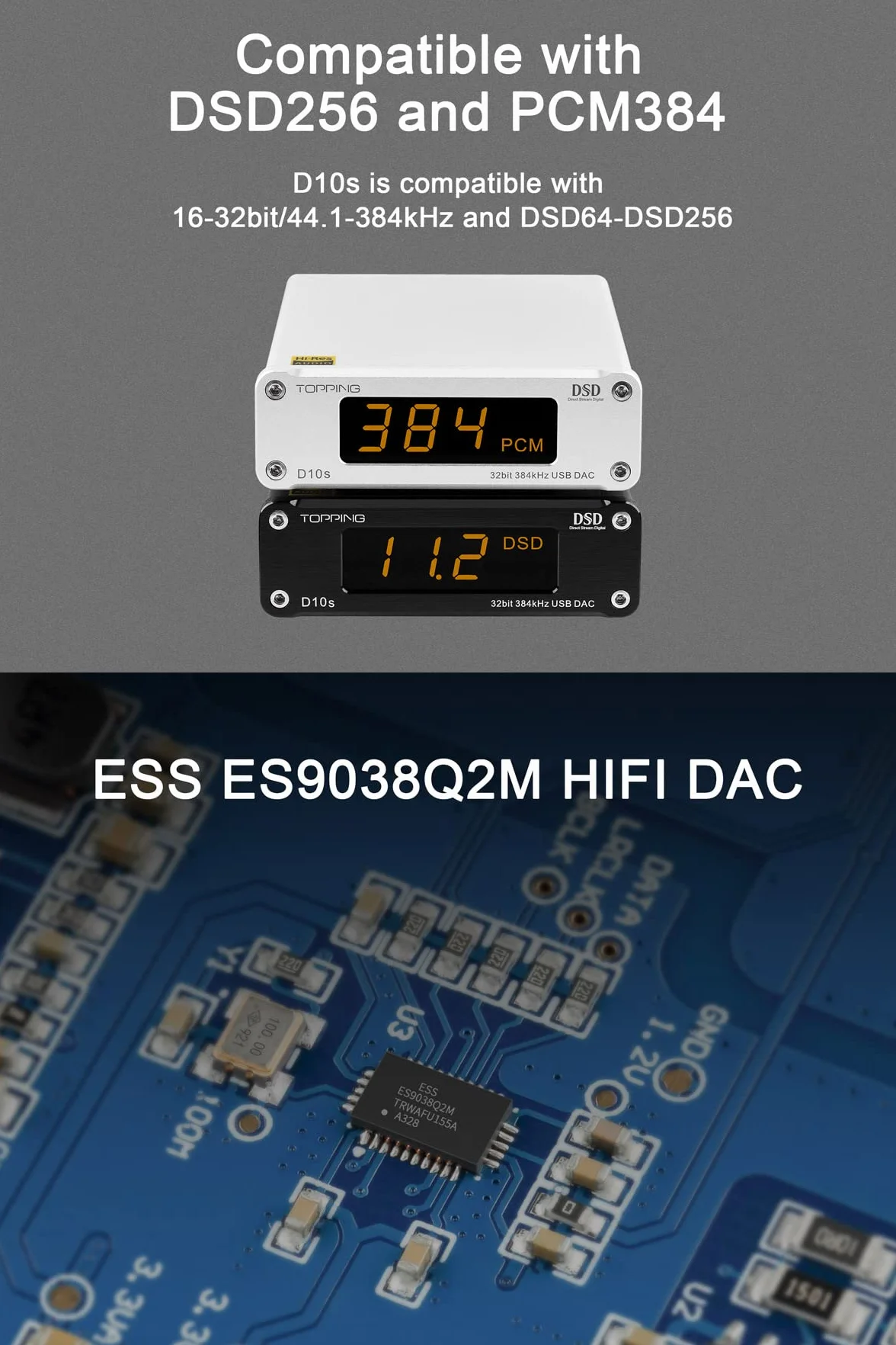 Topping D10s Mini USB DAC ES9038Q2M XMOS XU208 PCM384kHz DSD256 Amplificatore audio nativo Decodificatore Nero