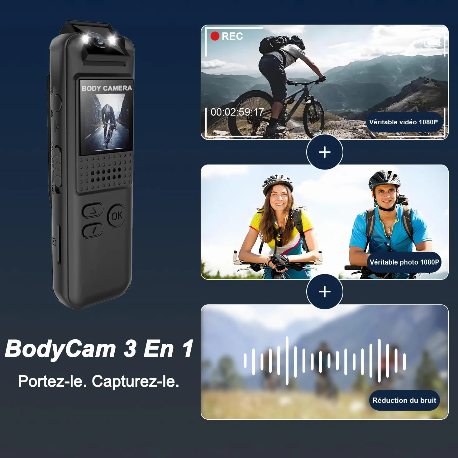 Bodycam, 1080P Full HD Action Cam con Scheda TF 64GB, Bodycam Polizia Professionale, Clip Magnetica e Supporto Bici, Archiviazione Loop, lunga durata della batteria, Telecamera Moto per Sport/Viaggi
