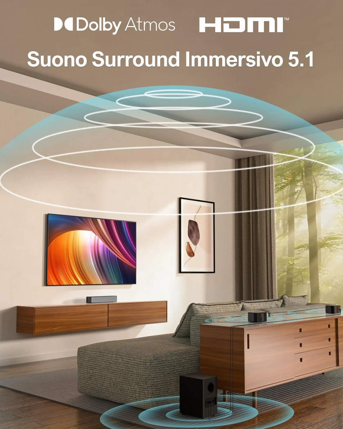 ULTIMEA 5.1 Canali Soundbar, Dolby Atmos, Subwoofer Wireless, 410W Home Theater Soundbar TV, Regolabili Surround e Bassi, Sound Bar Televisore con HDMI-eARC, Poseidon D60