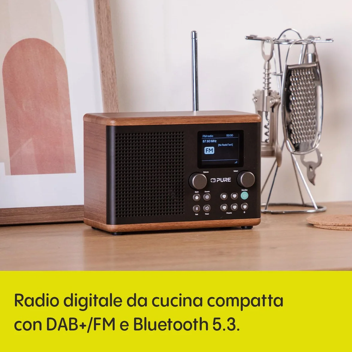 Pure Classic H4 Radio da Cucina Digitale DAB+ FM Bluetooth USB AUX Timer Sveglia Caffè Nero Noce