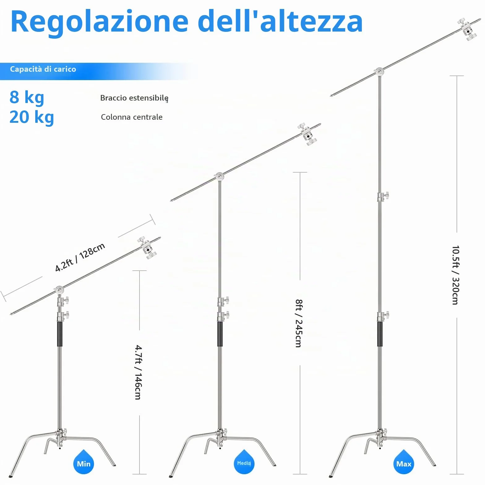 NEEWER Pro 100% Acciaio Inossidabile Heavy Duty C Stand con Braccio Braccio, Altezza Massima 10.5ft/320cm Supporto Luce per Fotografia con 4.2ft/128cm Braccio, 2 Grip Head per Studio Monolight