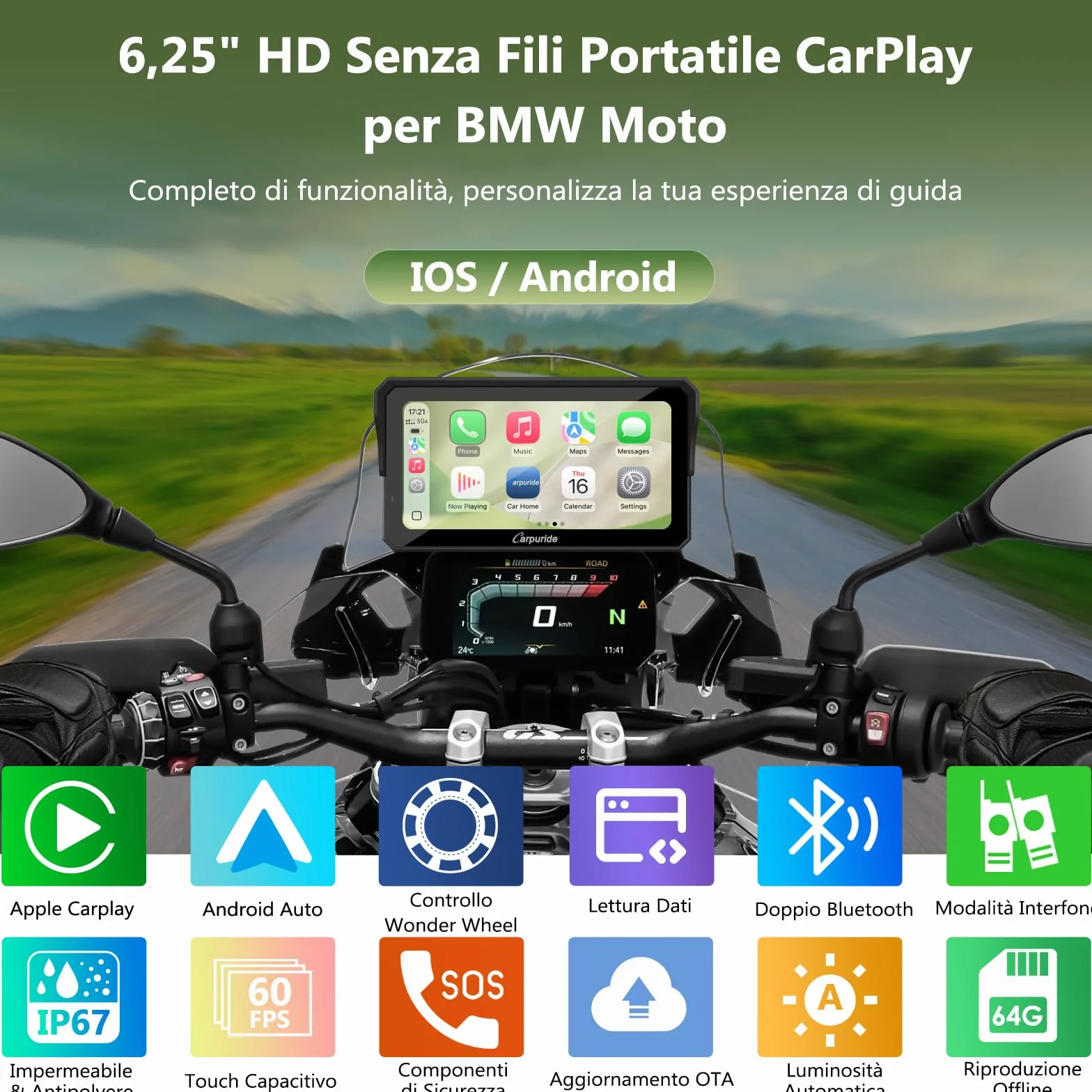 Carpuride W602BS Pro Carplay Schermo per BMW Moto, Nativo Wonder Wheel Controllo e Lettura Dati, Senza Fili CarPlay e Android Auto, 6,25" Impermeabile Touchscreen, OTA, Doppio Bluetooth, Interfono.