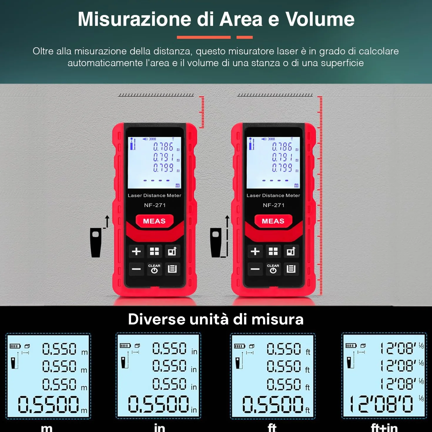 Telemetro Laser Professionale - Misuratore Laser Portatile con Schermo LCD da 4 a 50m - Misurazione Continua Area e Volume, con Memoria 50 Misure