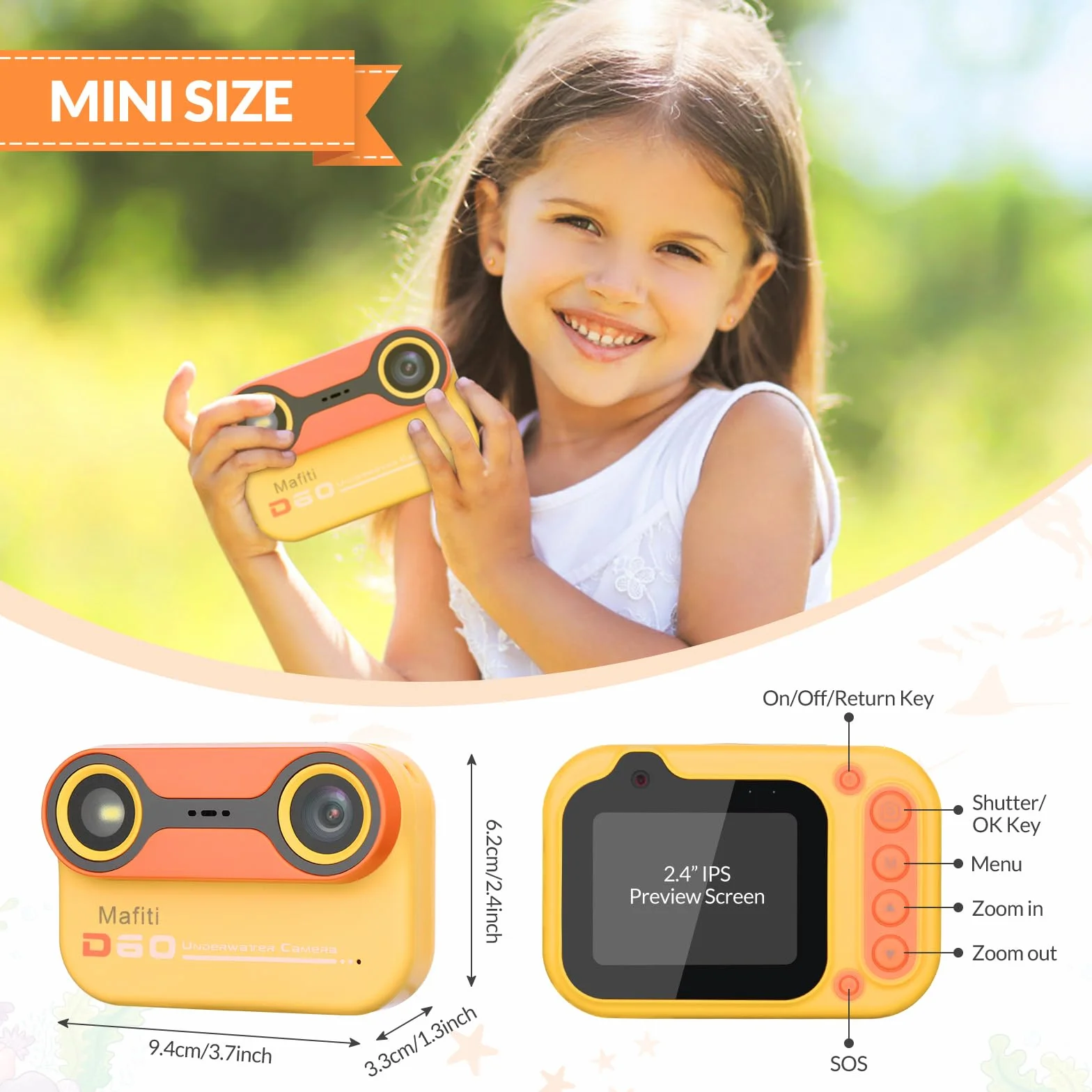 Mafiti Kids Fotocamera digitale impermeabile Fotocamera subacquea per snorkeling e immersioni con display IPS da 2,4" Fotocamera digitale ricaricabile tramite USB (Arancione)