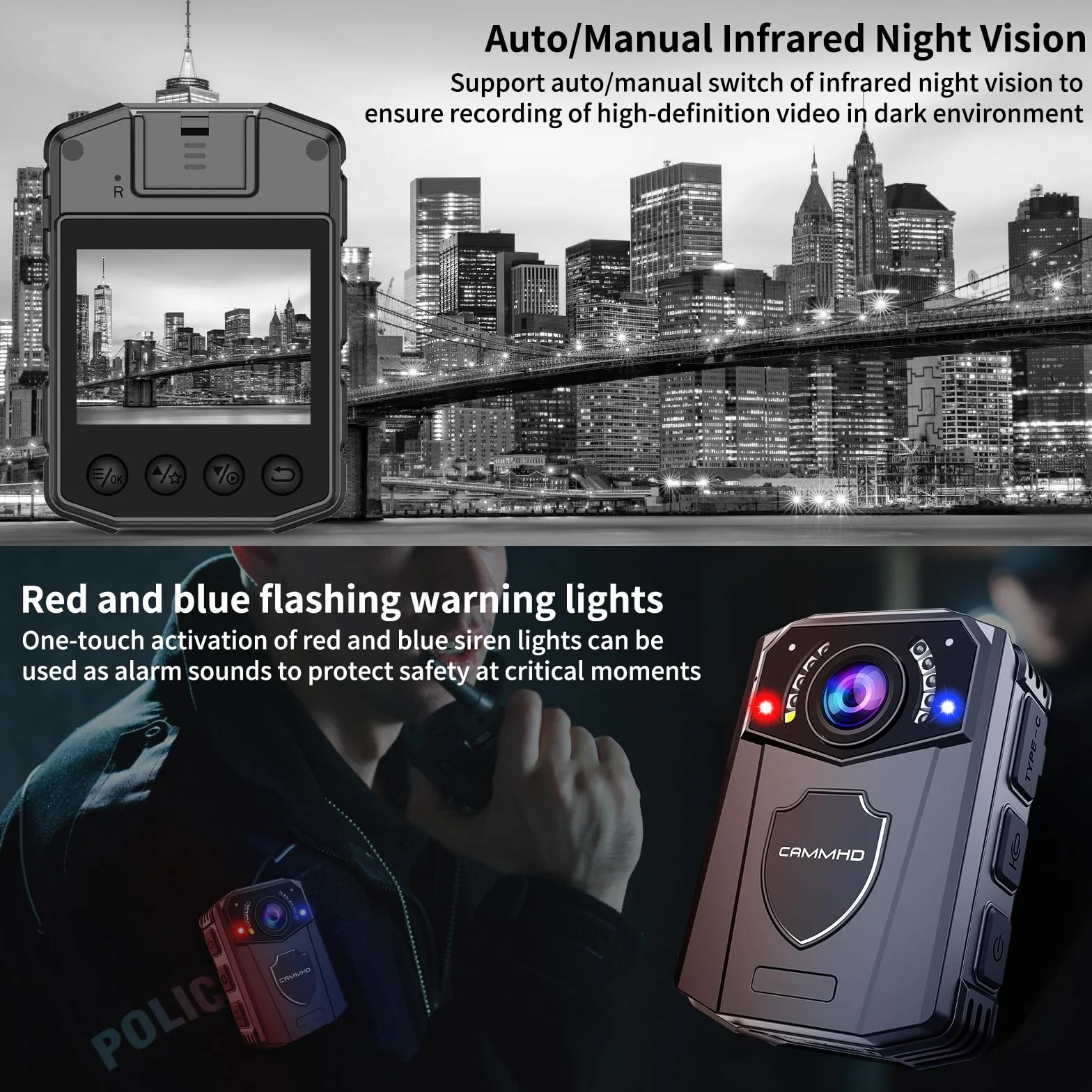 CAMMHD Z3-32G Bodycam Polizia 1440P Grandangolo 130° Body Cam Impermeabile 8-10 Ore 3000mAh Scheda Esterna Visione Notturna Adatta per le Forze dell'ordine di Sport all'aria Aperta