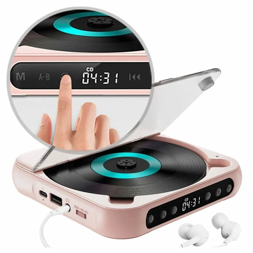 Lettore CD portatile con Bluetooth, piccoli lettori CD Hi-Fi con altoparlante, riproduttore compatto per auto/studio/viaggi, con cavo USB-C e auricolari (nero)