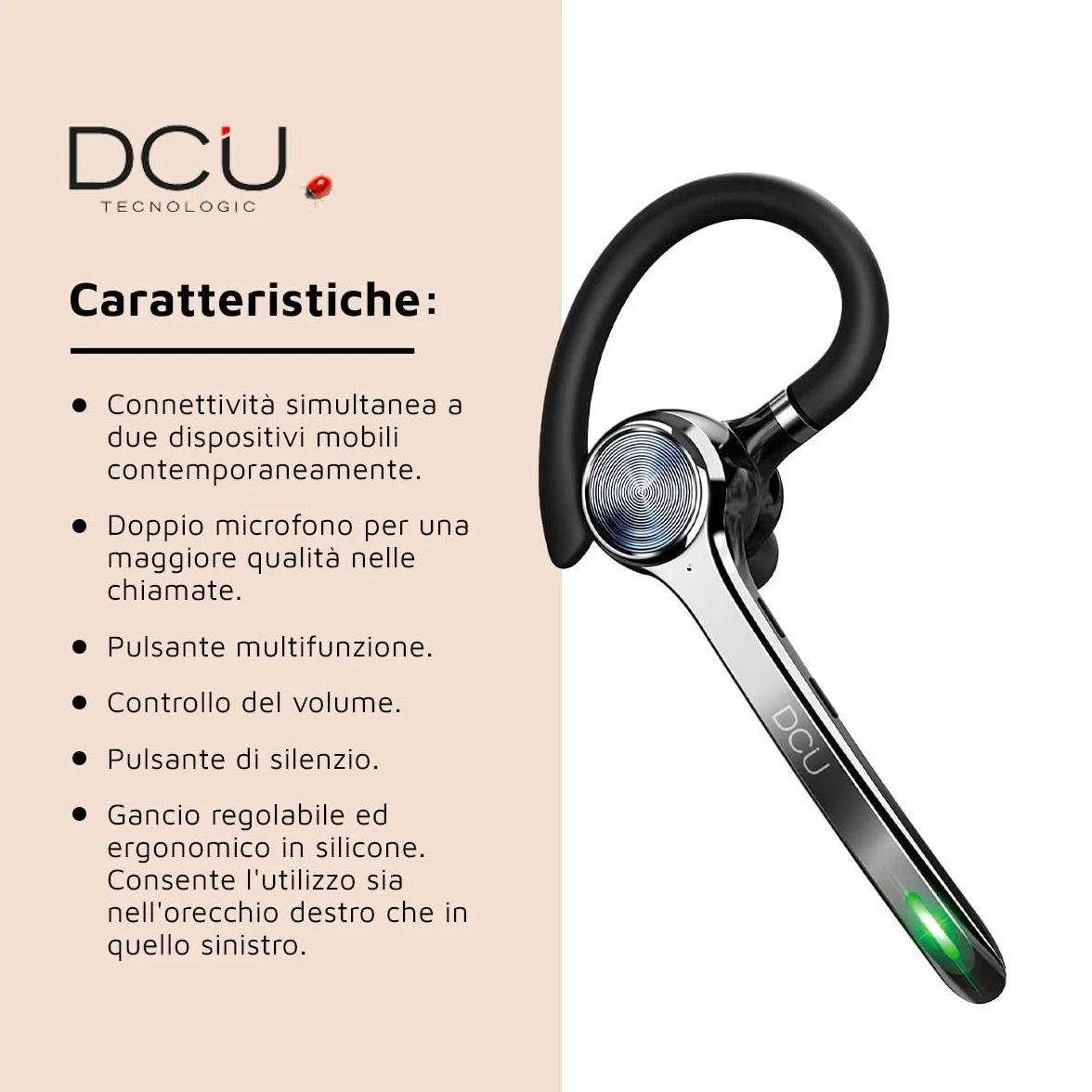DCU TECNOLOGIC - Auricolare Mono Bluetooth 5.0 Action Pro - Auricolare wireless - Effettua e riceve chiamate - Connettività a doppio punto