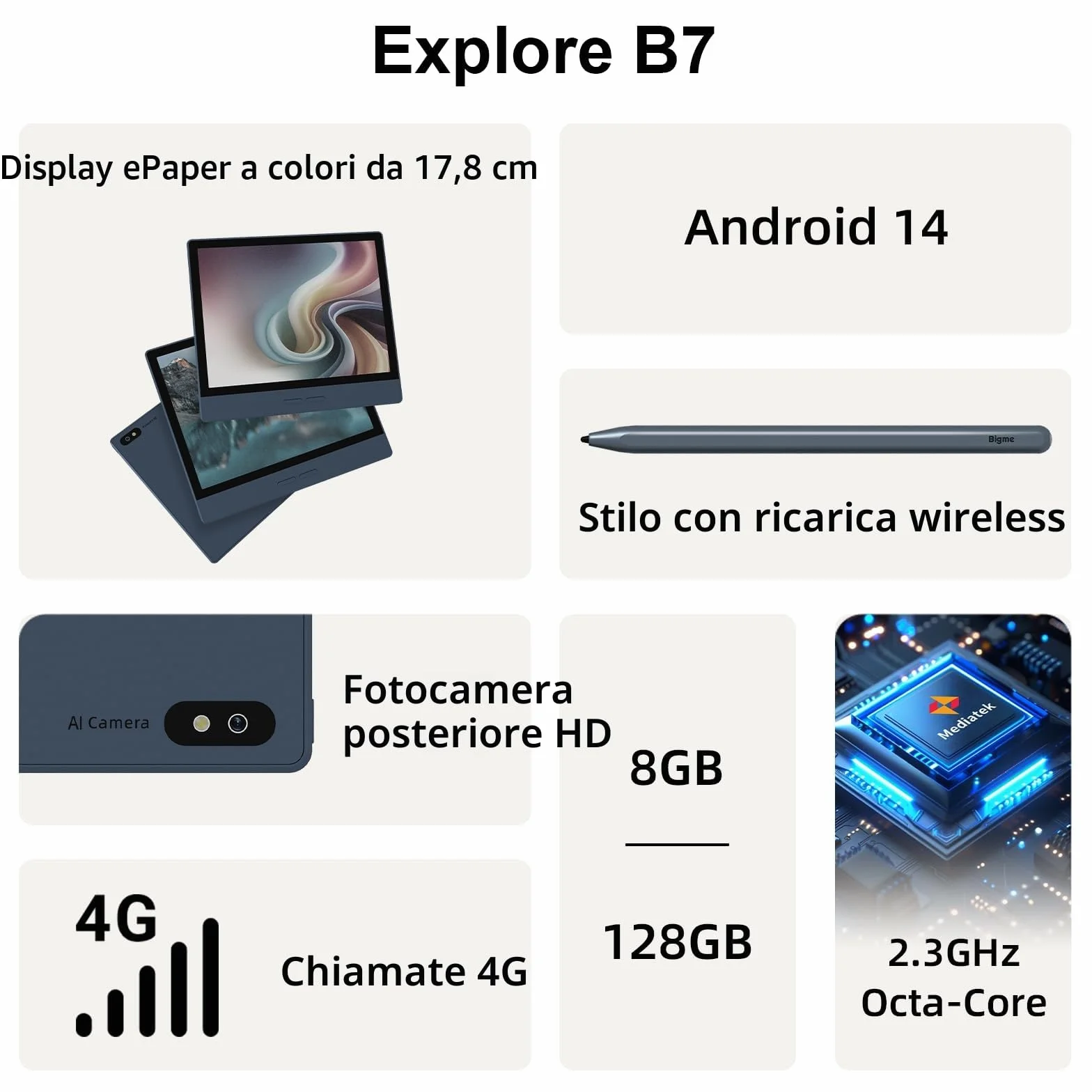Bigme B7 Tablet ePaper a colori da 7" con memoria da 8 + 128 GB e funzione telefonia 4G | Android 14 OS | 300 PPI | 3000 mAh