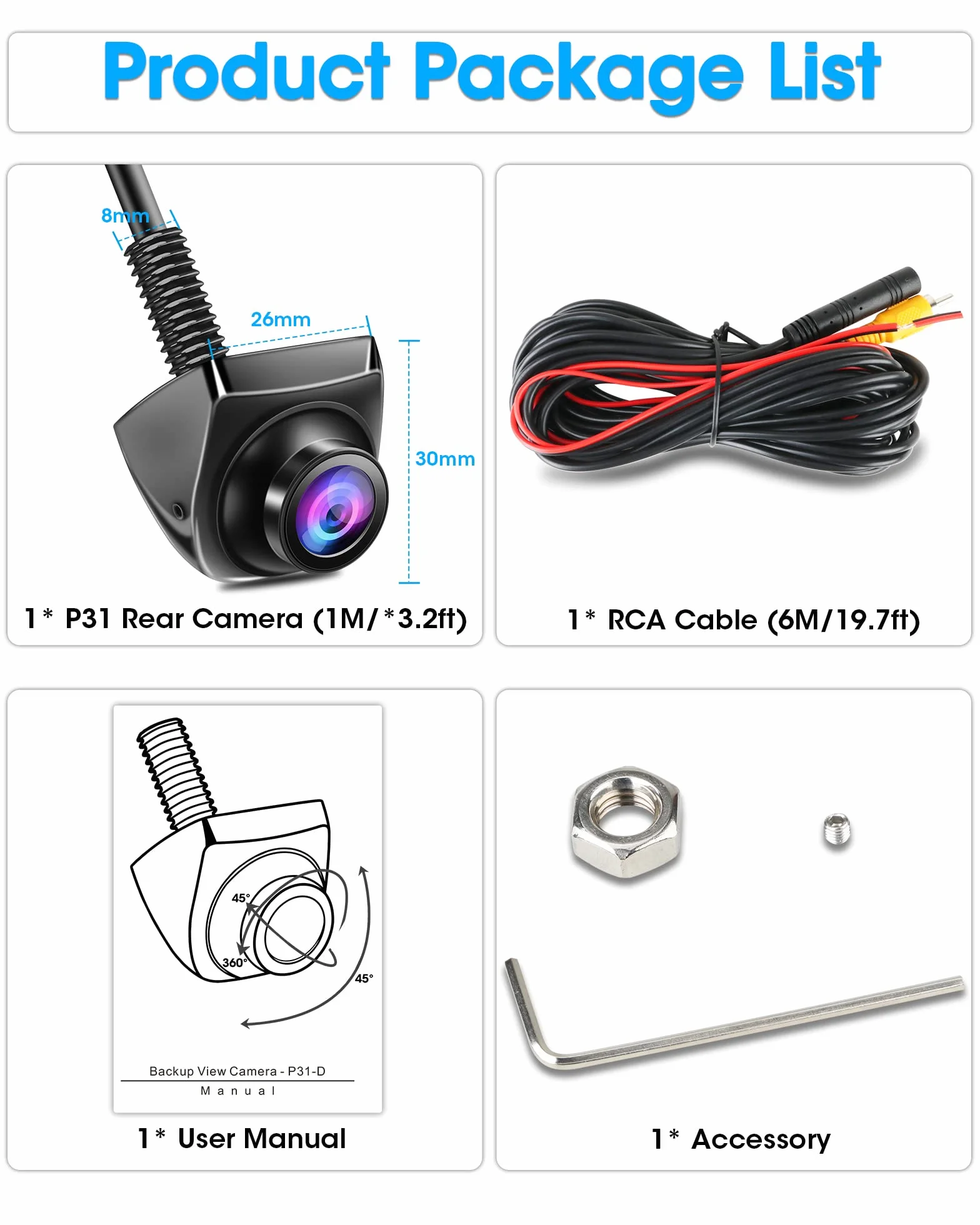 Retrocamera AHD 1080P Telecamera Retromarcia con Rotante 360°+45° Lente Retrocamera Auto 170° Grandangolo Universale NTSC Telecamera Posteriore Auto IP69 Impermeabile Telecamera per Auto [25fps]