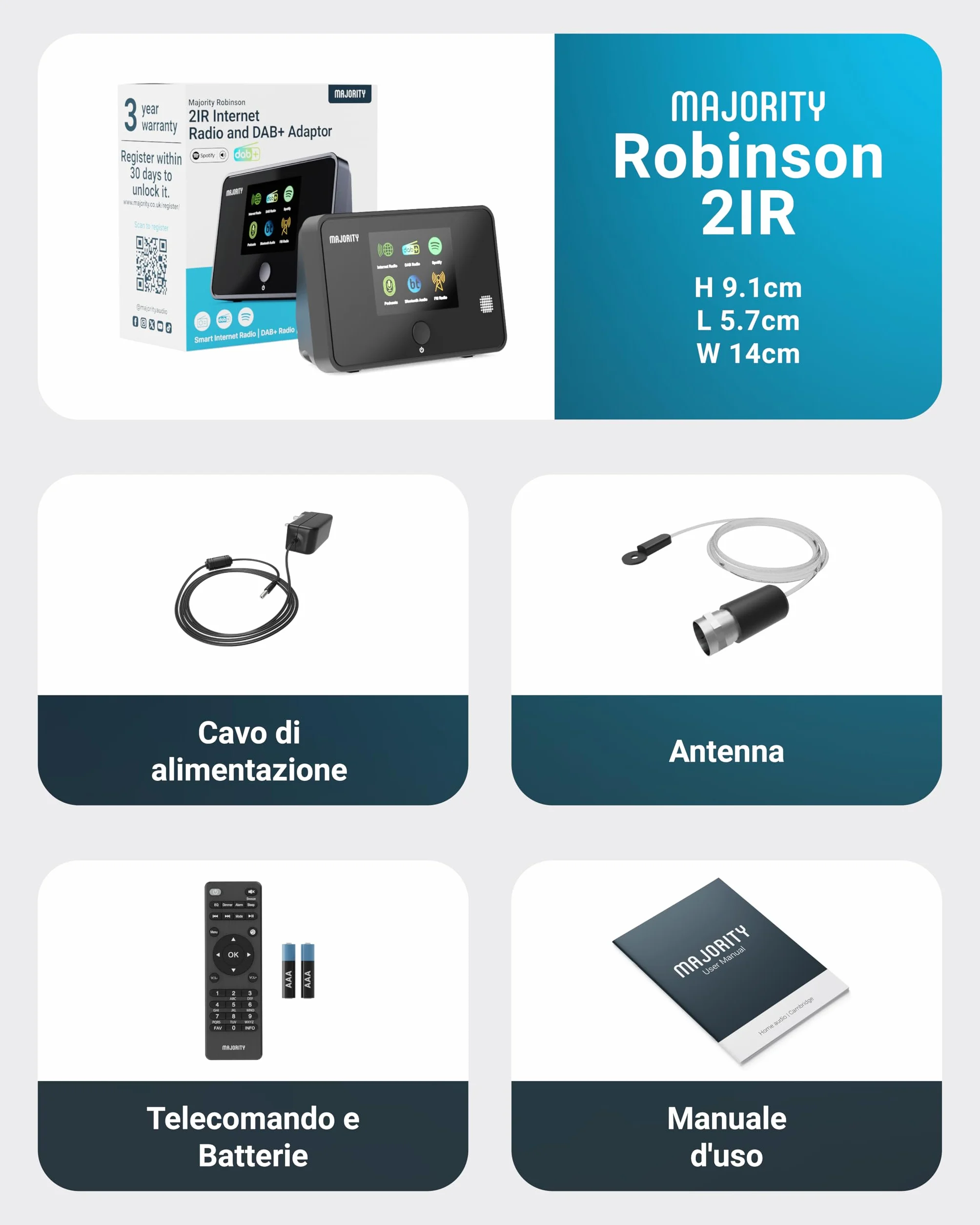 Majority Robinson IR Internet Radio DAB+ WiFi Bluetooth Spotify Connect Hi-Fi Streamer