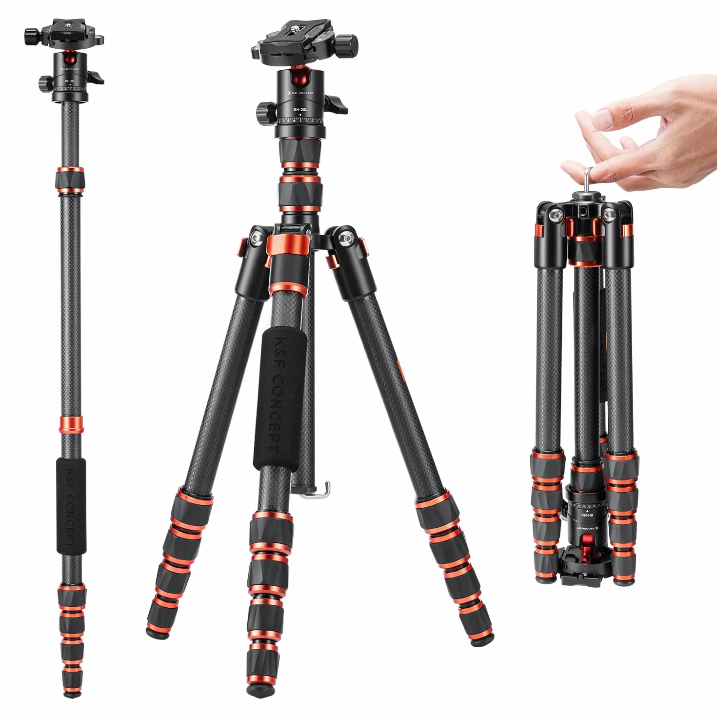K&F CONCEPT Treppiede Fotocamera 154cm, Treppiede in Carbonio C225C0+BH-25, Tripod Camera Compatto con Monopiede e Testa a Sfera a 360°, Carico Max 8kg, Cavalletto Fotografico per DSLR/Sony/Canon,ecc.