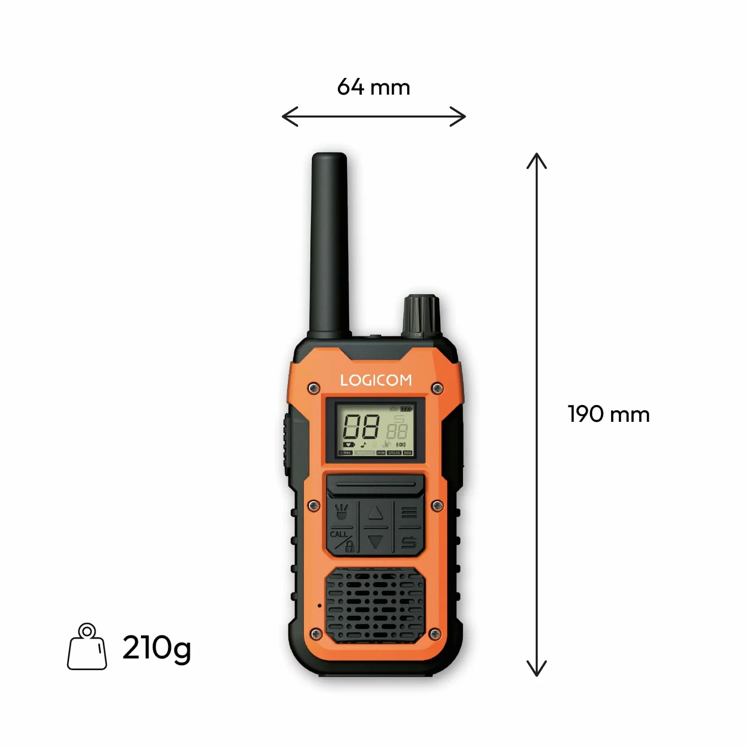 Logicom Extreme - Walkie-Talkie - PMR446 - Portata 10 km - Autonomia 36h - IP67-16 canali - Schermo LCD - USB-C Torcia - VOX Vivavoce - Audio Jack - Batteria 2000 mAh - Confezione da 2 radio