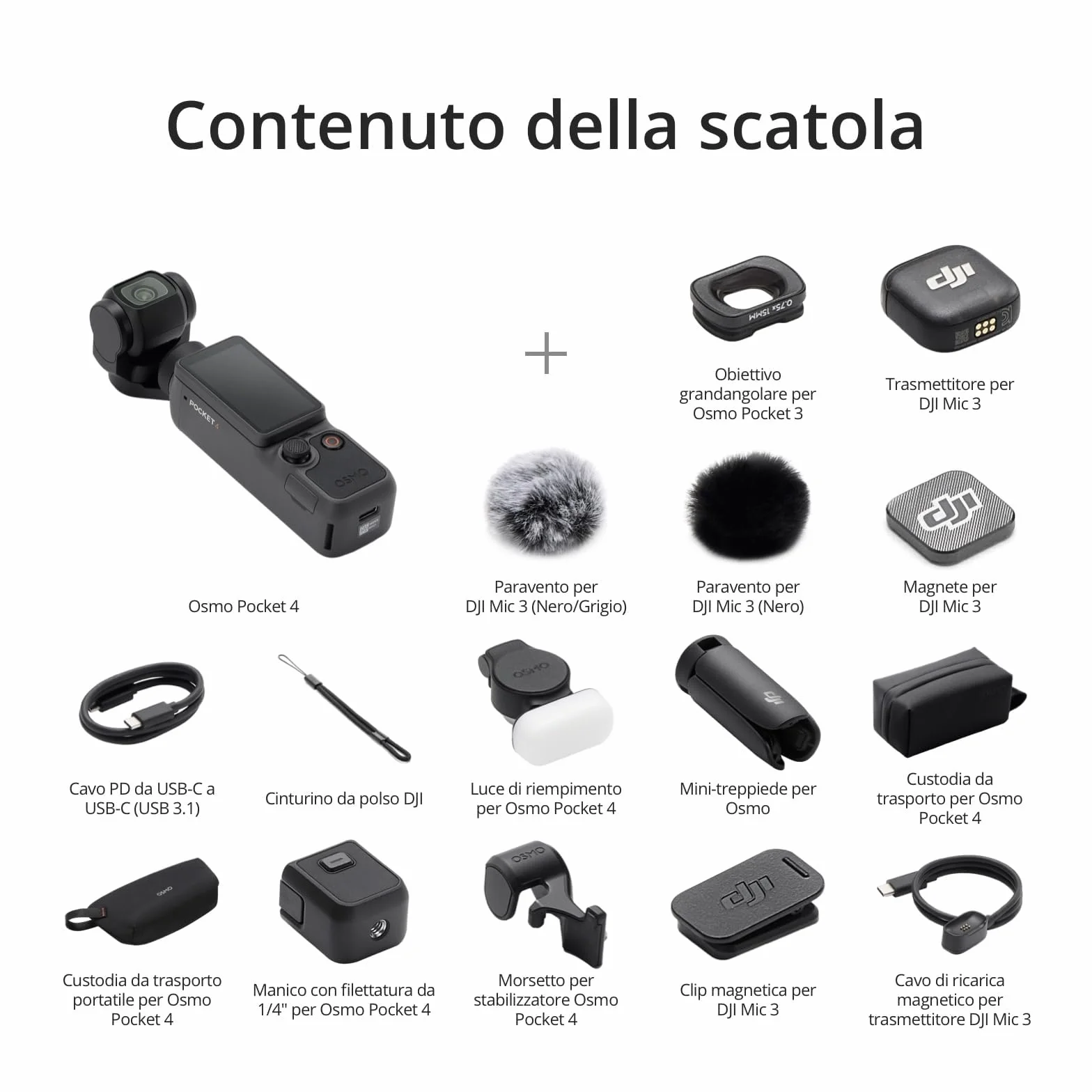DJI Osmo Pocket 4 Combo Creator, fotocamera stabilizzata tascabile per vlog, CMOS da 1″ e 4K/240fps, 107 GB di memoria integrata, Trasmettitore Mic 3 (Creator Combo)