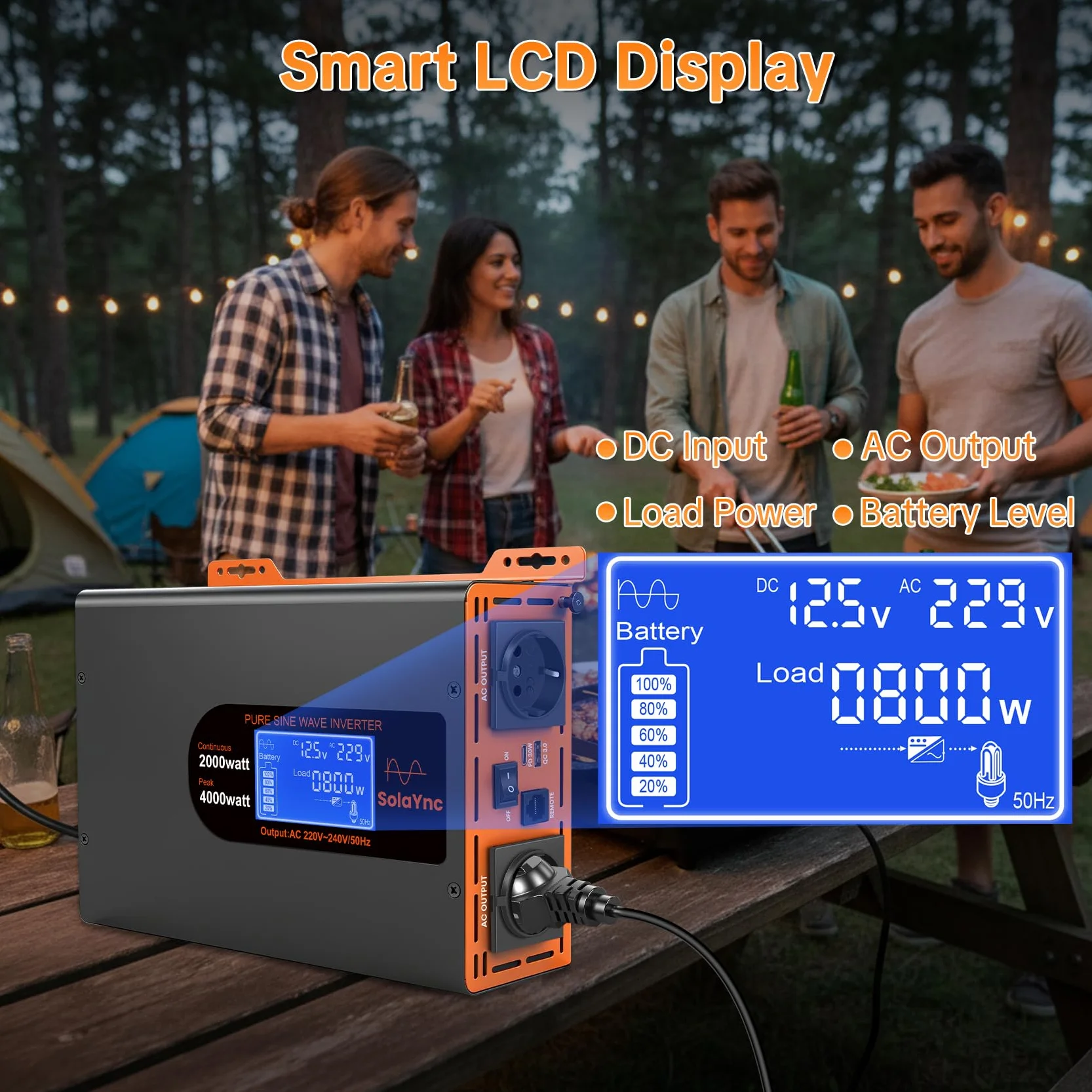Inverter 2000W/4000W 12V 220/230V Onda Sinusoidale Pura,2 EU Presa,Porta Type-C da 30W e porta USB, telecomando LCD schermo LCD,Adatto per Elettrodomestici, Camper Campeggio