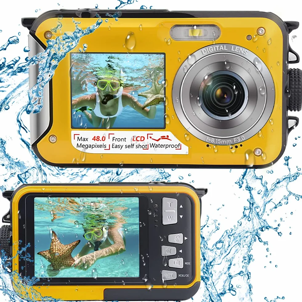 Fotocamera impermeabile digitale Full HD 2.7K 48MP Camera impermeabile per lo snorkeling Camera subacquea a doppio schermo con ritardante e zoom digitale 16X