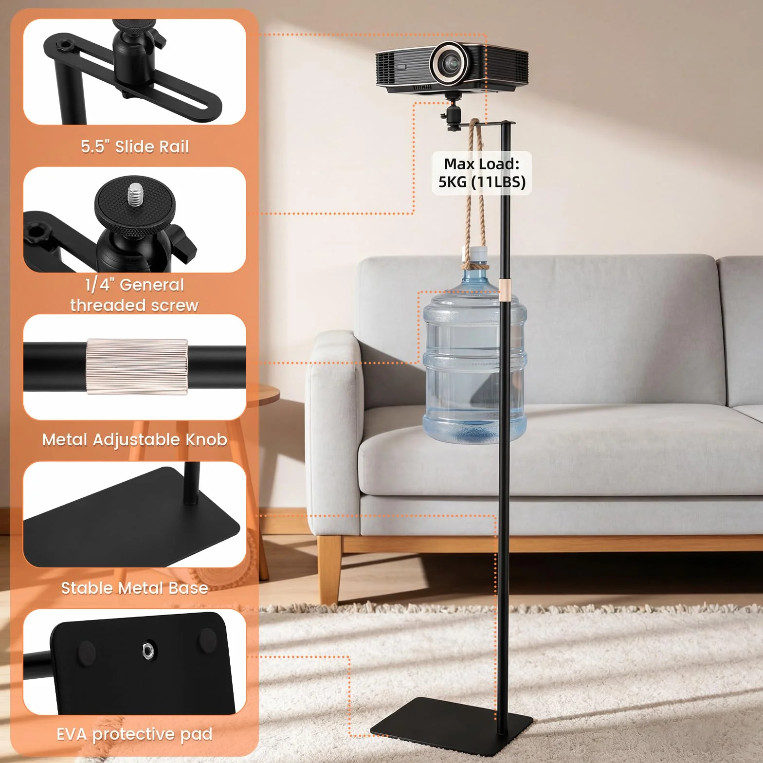 Supporto per proiettore, girevole a 360°, altezza regolabile 40-160 cm, attacco filettato 1/4", supporto per proiettore in acciaio al carbonio di alta qualità, per presentazioni, home theater, ufficio