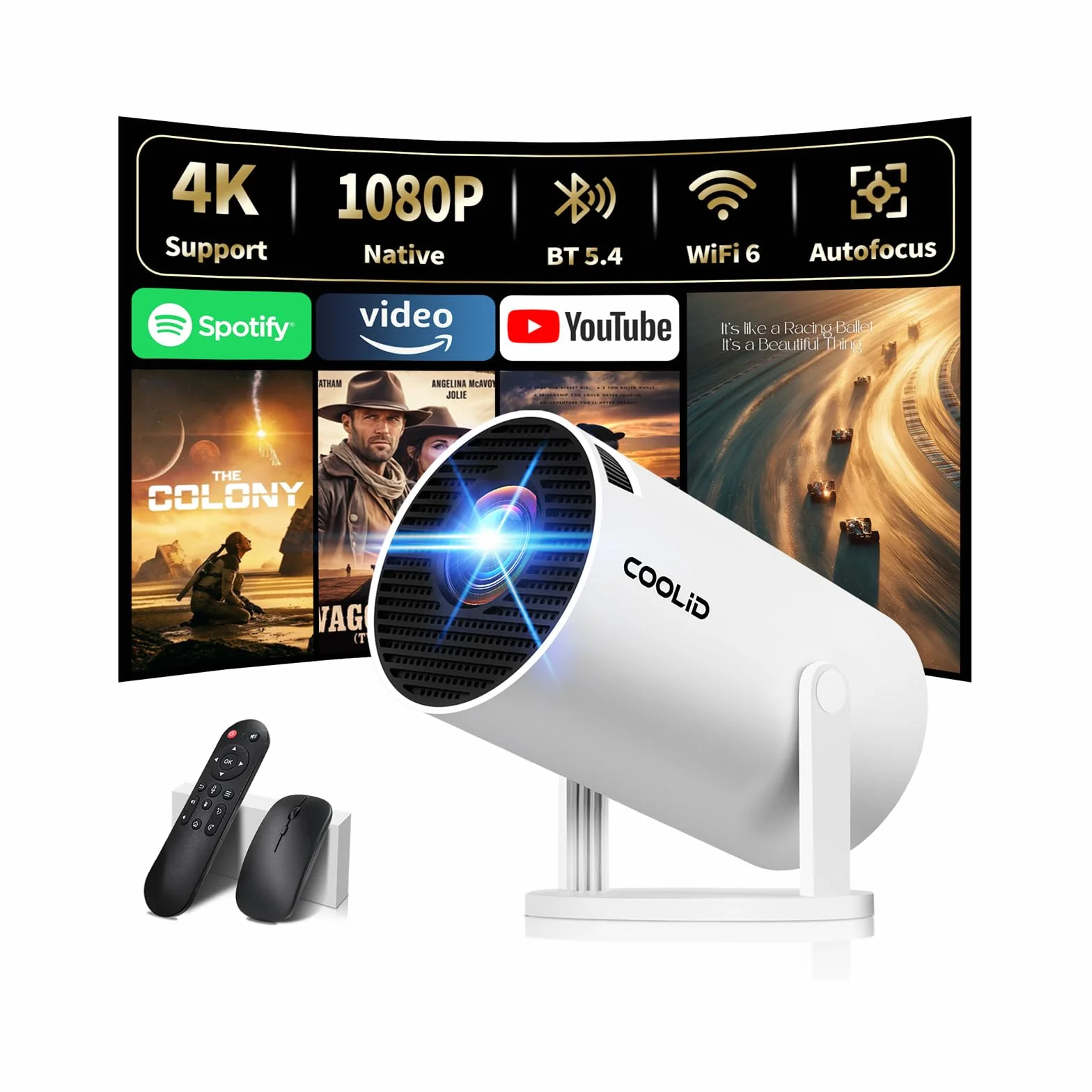 Mini Proiettore [App Integrata & 2026 Upgraded] Proiettore Portatile 4K 1080P con 5G WiFi 6 e BT 5.4 Supporta Rotativo 180° Correzione Trapezoidale Automatica Applicabile TV Stick/USB/HDMI,Bianco