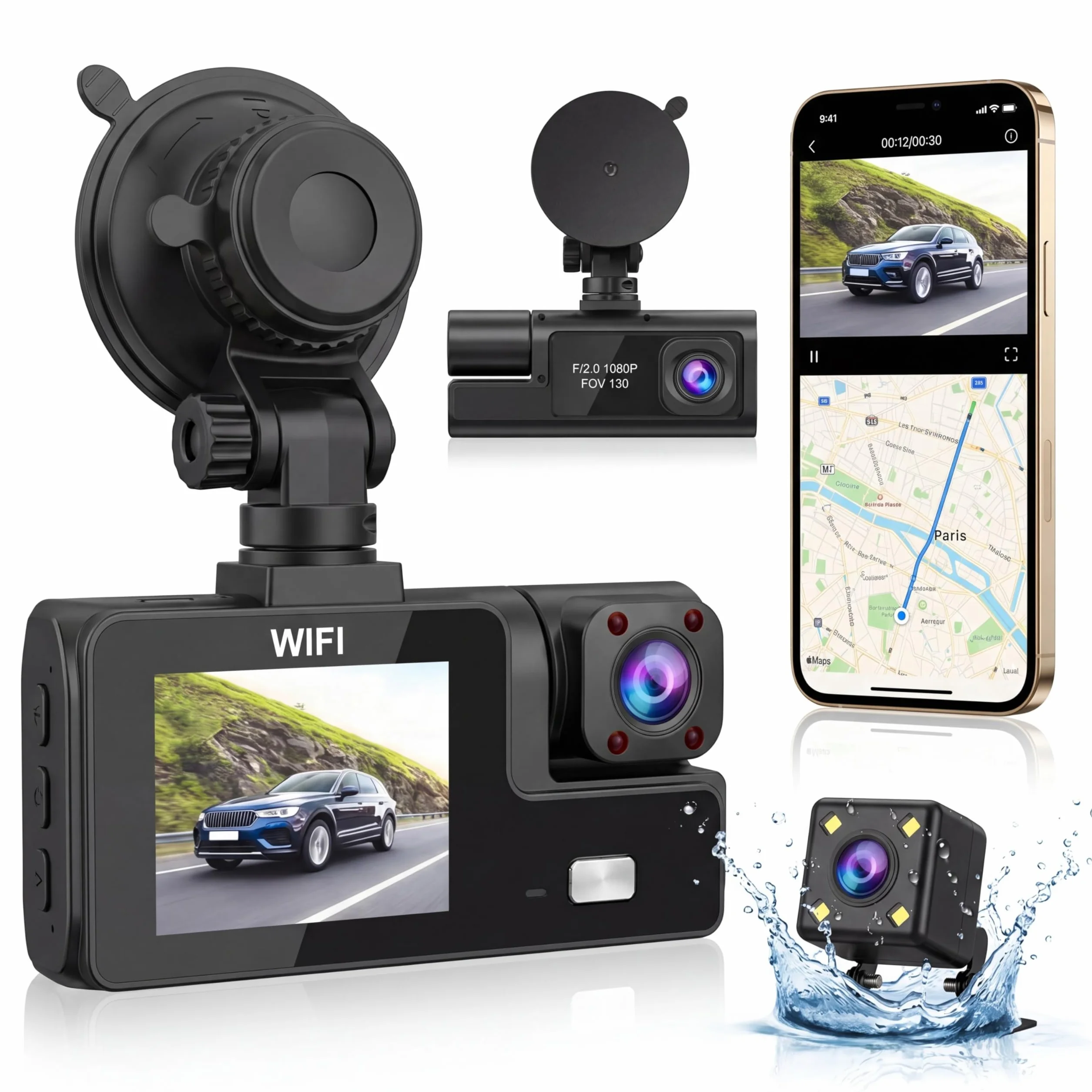 Telecamera Dashcam 3 telecamere 1080P Full HD | Massima sicurezza a 360° senza angolo morto, visione notturna e parcheggio monitorato, WiFi integrato rilevamento del movimento, ideale per i conducenti