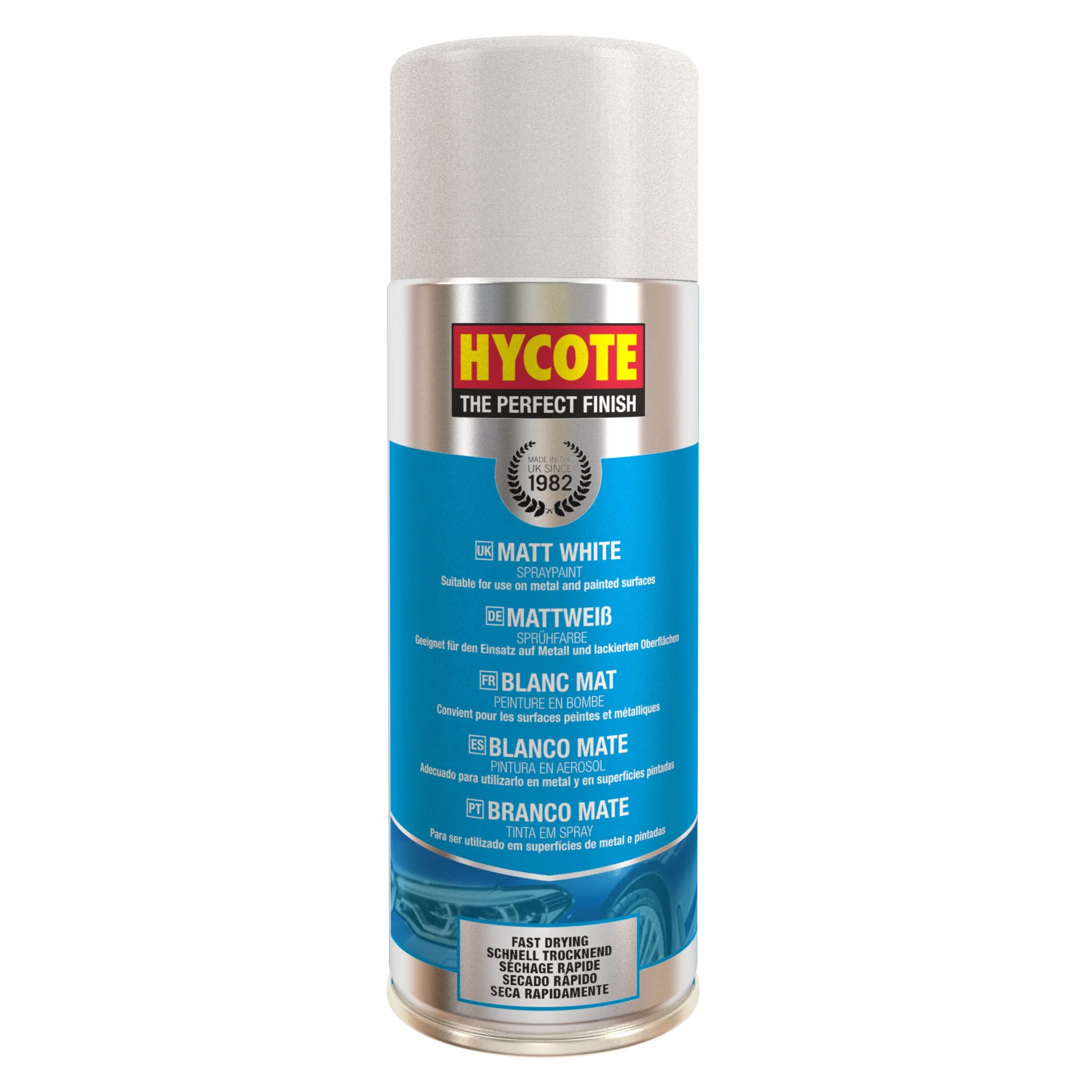 Hycote Vernice Spray Bianco Opaco 400 ml, Asciugatura Rapida, Alta Copertura, Multi Superficie per Auto, Metallo, Plastica