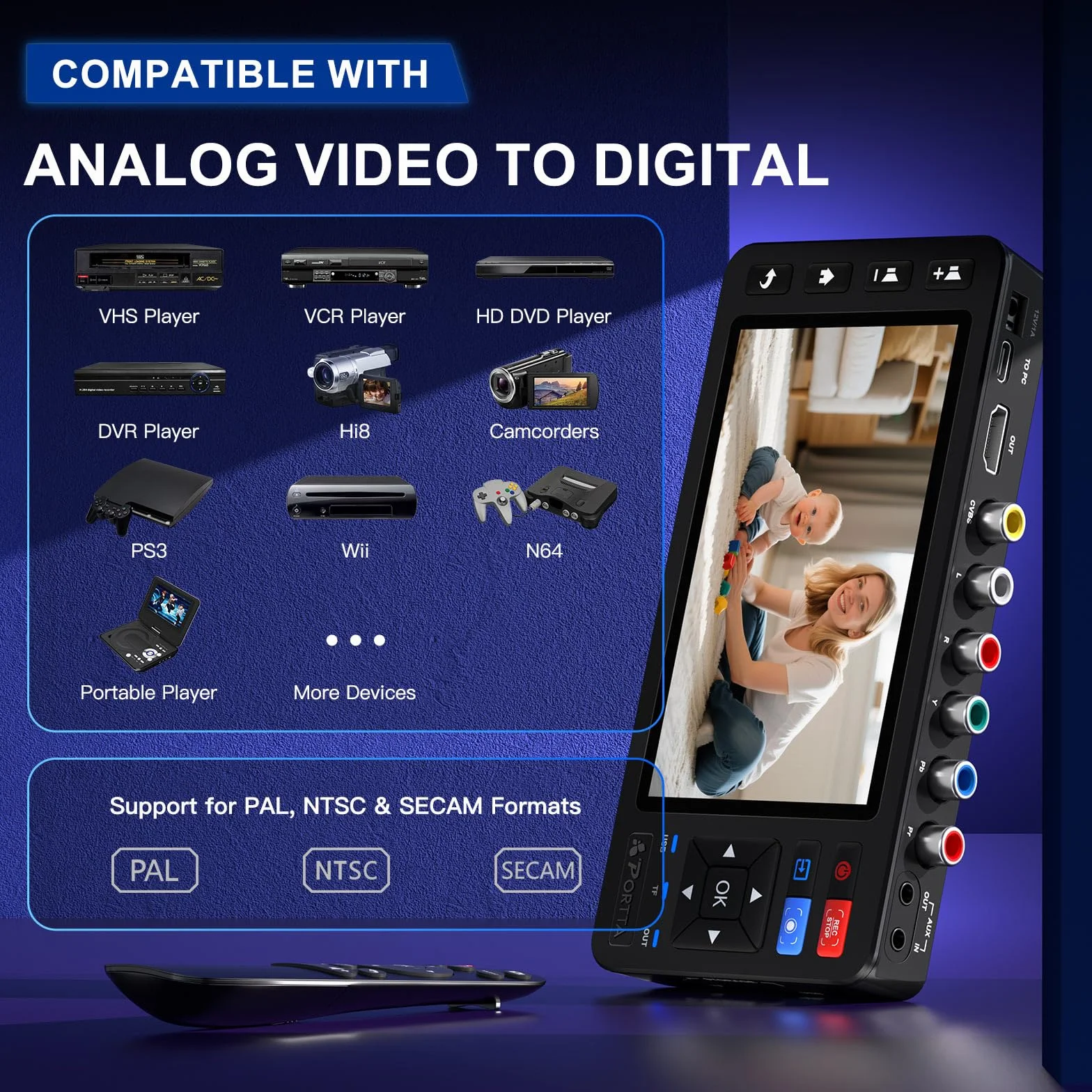 Convertitore da VHS a digitale Portta VD22P con schermo HD da 5", registratore video, conversione in MP4, compatibile con VHS, Hi8, Mini DV, console di gioco (richiede lettore VHS/DVD/videocamera)