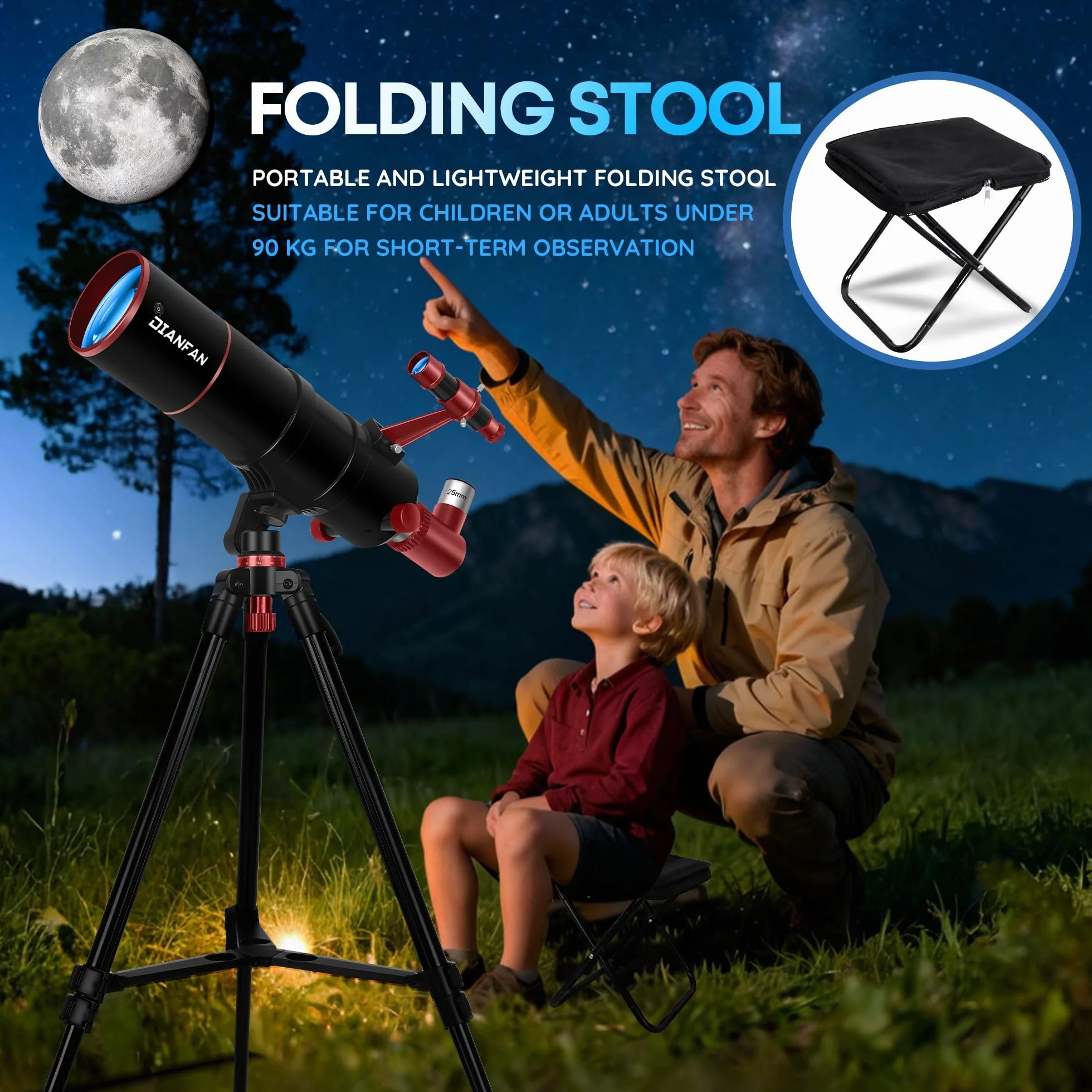Dianfan Telescopio 90/550 Astronomico Professionale per Adulti, Telescopio Rifrattore Portatile per Principianti con Treppiede, Adattatore Smartphone, Borsa e Sgabello Pieghevole