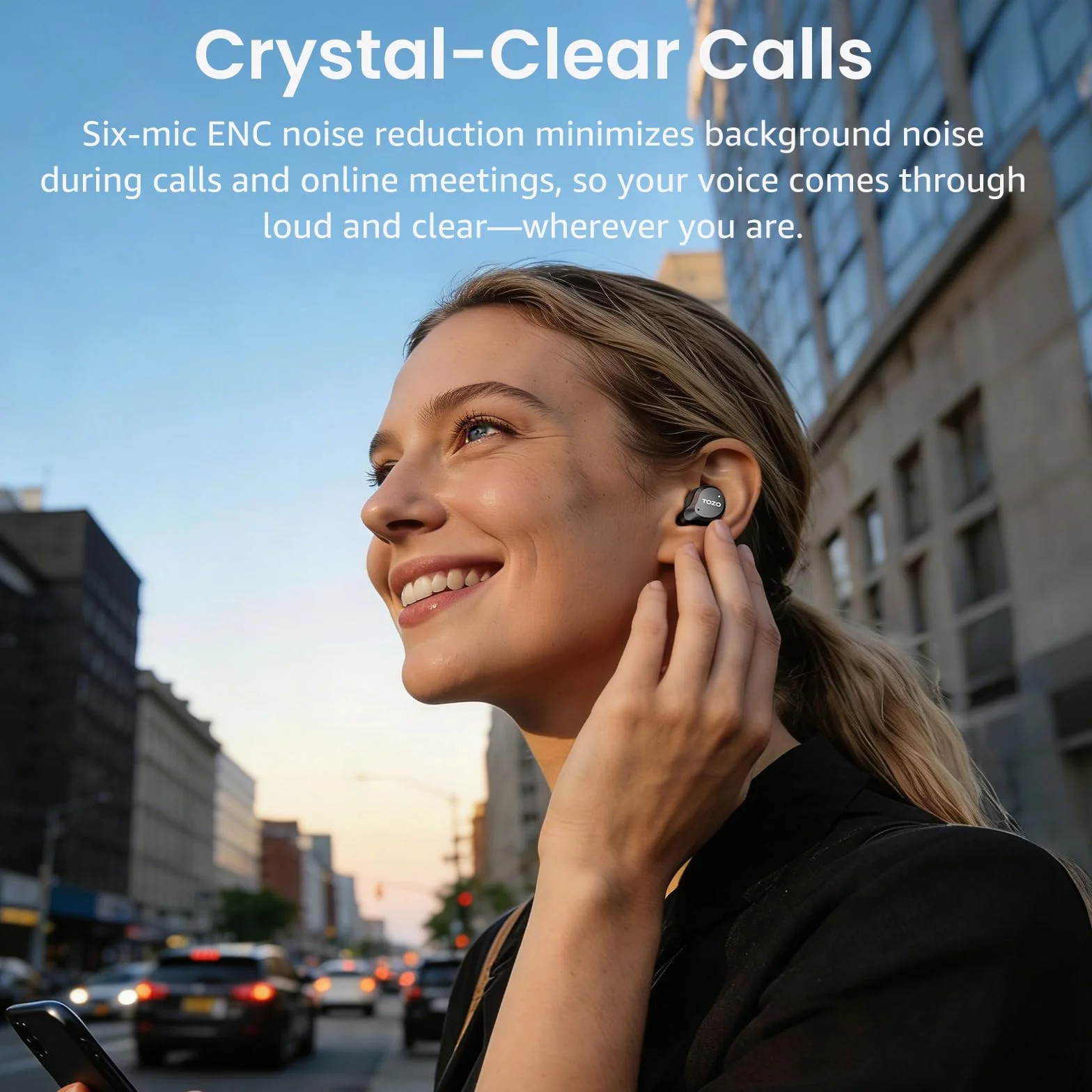 TOZO NC9 Cuffie Bluetooth 5.3 con ANC Ibrido, 6 Mics ENC, Suono OrigX 2.0, 60 Ore di Autonomia, Modalità Trasparente, IPX8, Ricarica USB-C, Comode e Facili da Usare per Lavoro, Gioco e Commuting Nero
