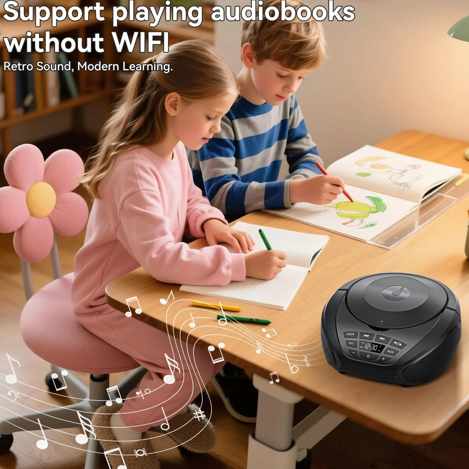Gueray Lettore CD portatile Boombox Lettori CD audio domestici con altoparlanti Radio FM Ingresso AUX Supporto Cuffie Modalità playlist Riproduzione PROG per audiolibri da esterno e da interno