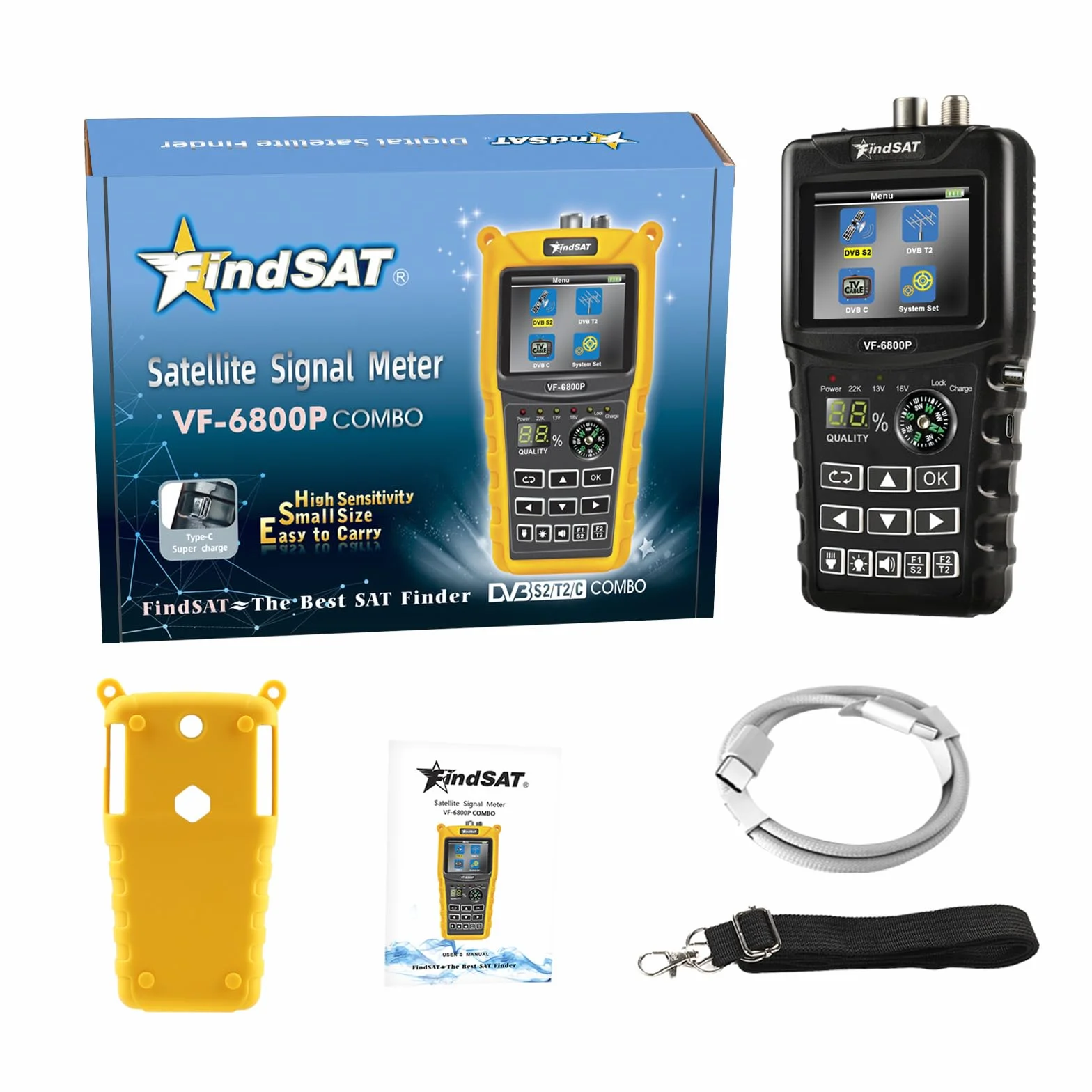 VF-6800P Misuratore di segnale satellitare DVB-S2/T-C MPEG4 Sat Finder Meter 2,4 pollici LCD HD Digital Satellite Finder per ricevitore TV, con bussola torcia