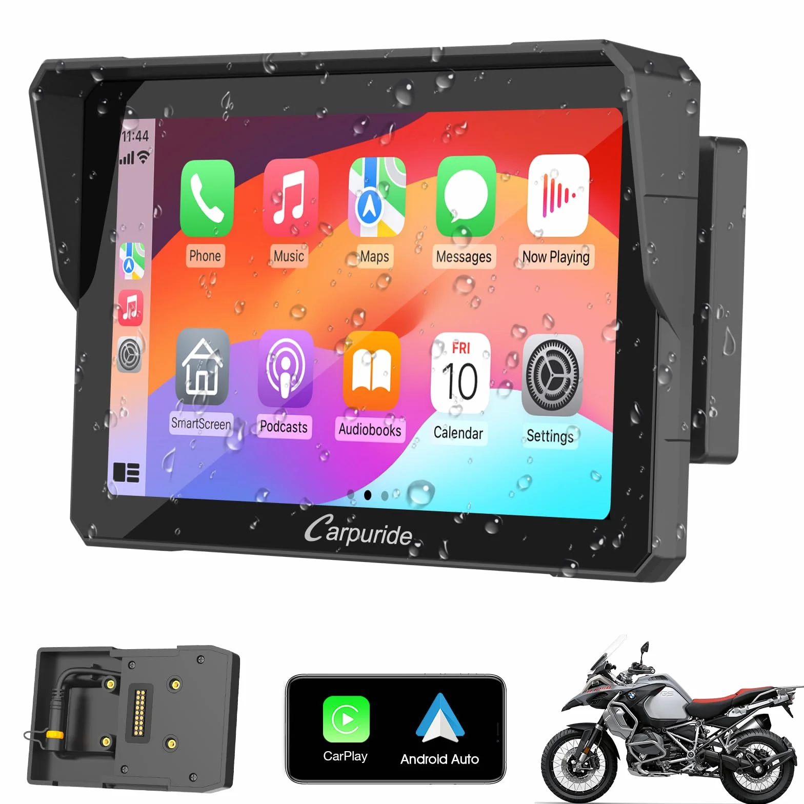 Carpuride W702B Schermo GPS Carplay per moto, con supporto personalizzato per BMW Moto, Wireless CarPlay e Android Auto, Touchscreen impermeabile portatile da 7 pollici, Bluetooth Trans, Navigazione,
