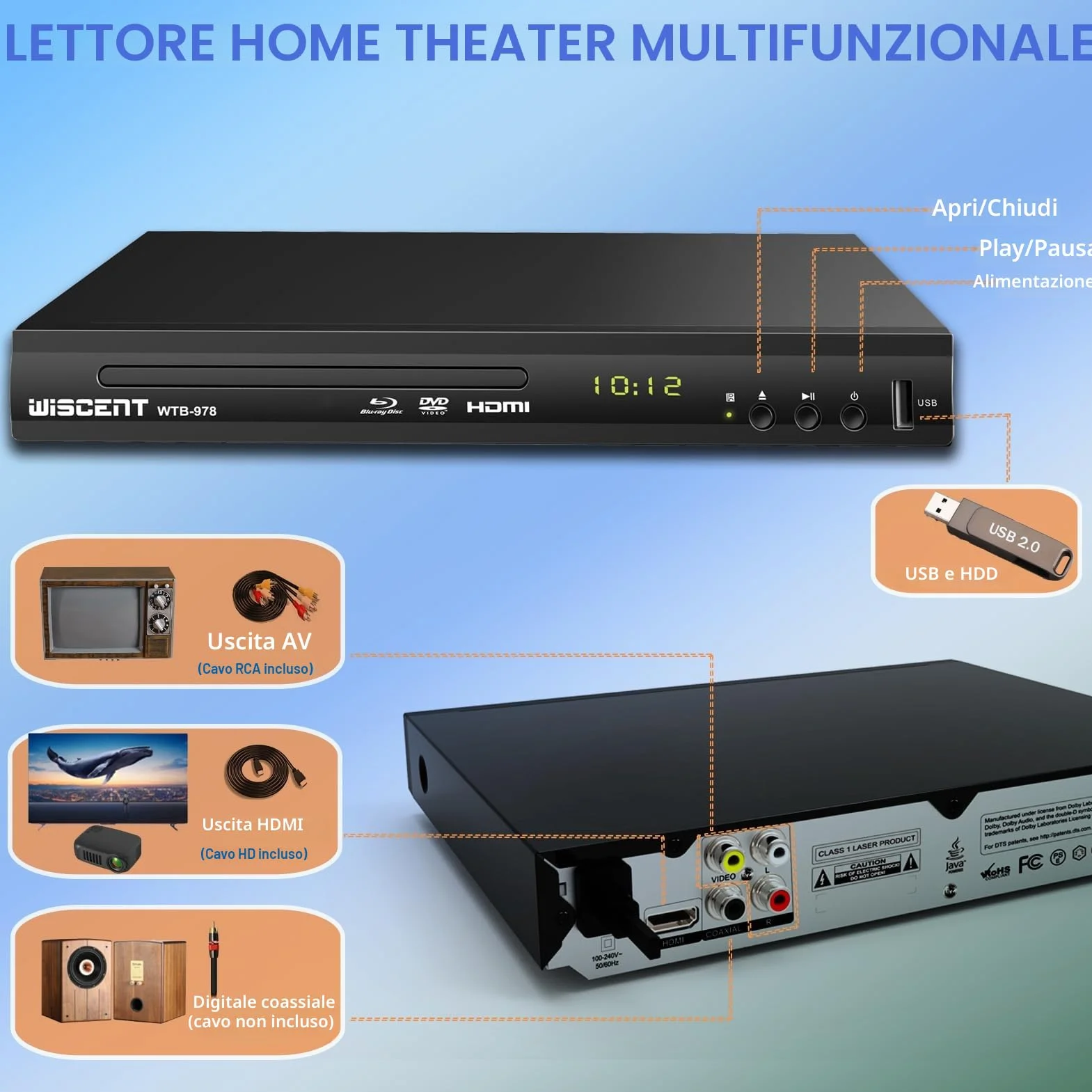 Lettore Blu-Ray per TV, WISCENT Lettore DVD con Coassiale/HDMI/AV, ingresso USB, tutti i DVD e la regione B/2 Blue Ray Discs, Lettore Bluray Compatto Full HD 1080p (WTB-978B)