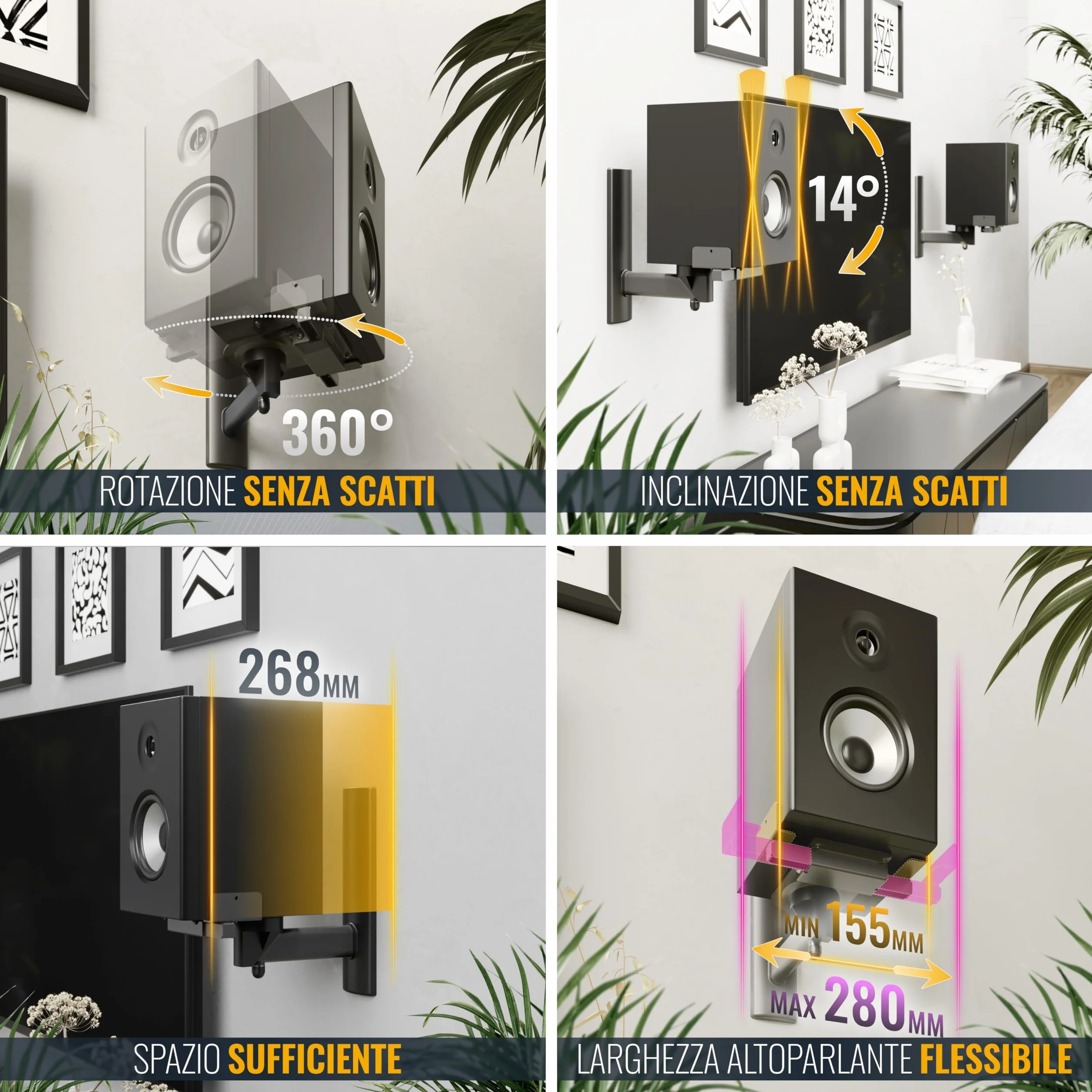 RICOO Supporto altoparlanti parete LH023-B Girevole Inclinabile Braccio muro Nero 2 pezzi