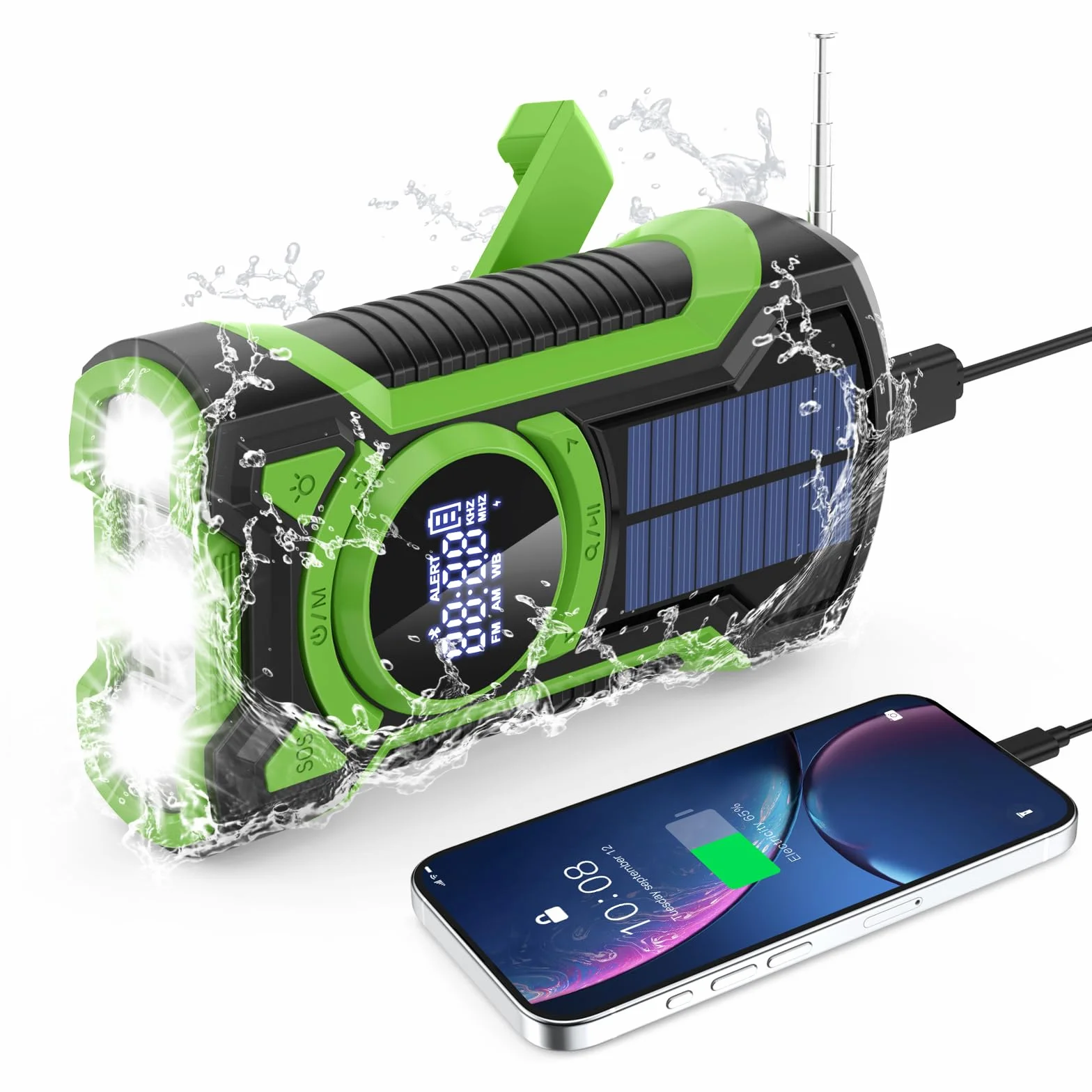 Radio di Emergenza 5000 mAh, Solare Impermeabile Bluetooth, Power Bank a Manovella con Torcia LED SOS
